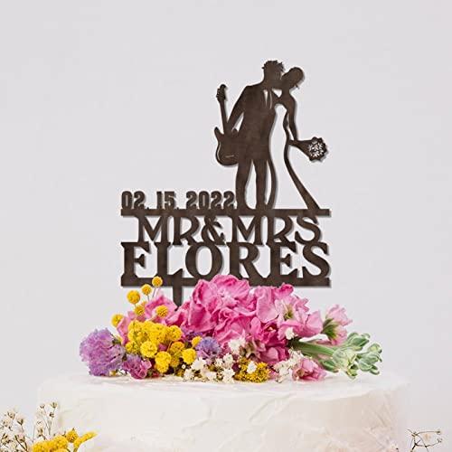 YJHLBHDIAN Mr and Mrs Cake Topper for Wedding Married Anniversary Cake Topper African American Couple Silhouette Musician Wedding Cake Topper Personalized Couple Last Name Cake Topper Wood Cake Toppers