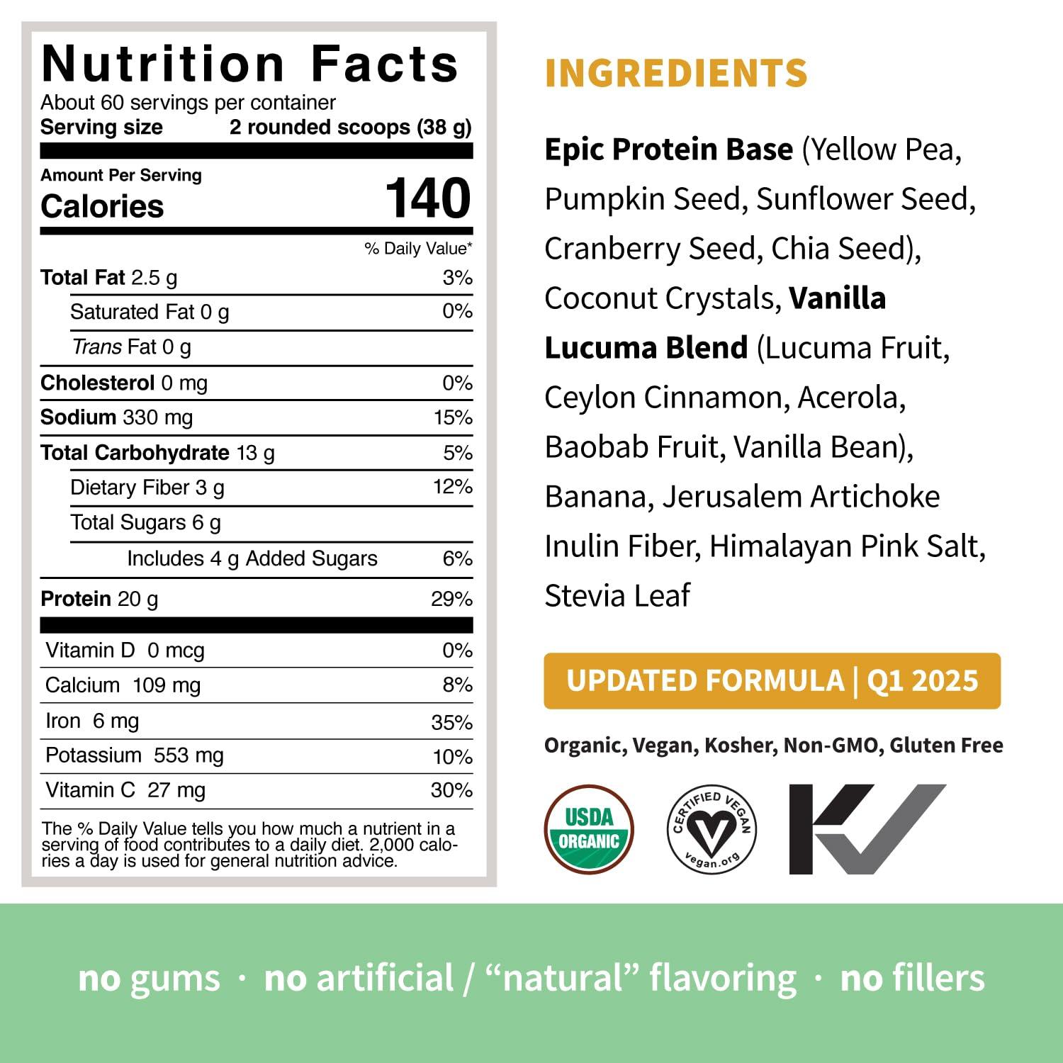 Sprout Living Sprout Living Epic Protein, Plant Based Protein & Superfoods Powder, Vanilla Lucuma Powder | 20 Grams Organic Protein Powder, Vegan, Non Dairy, Non-GMO, Gluten Free, Low Sugar (5 Pound, 60 Servings)