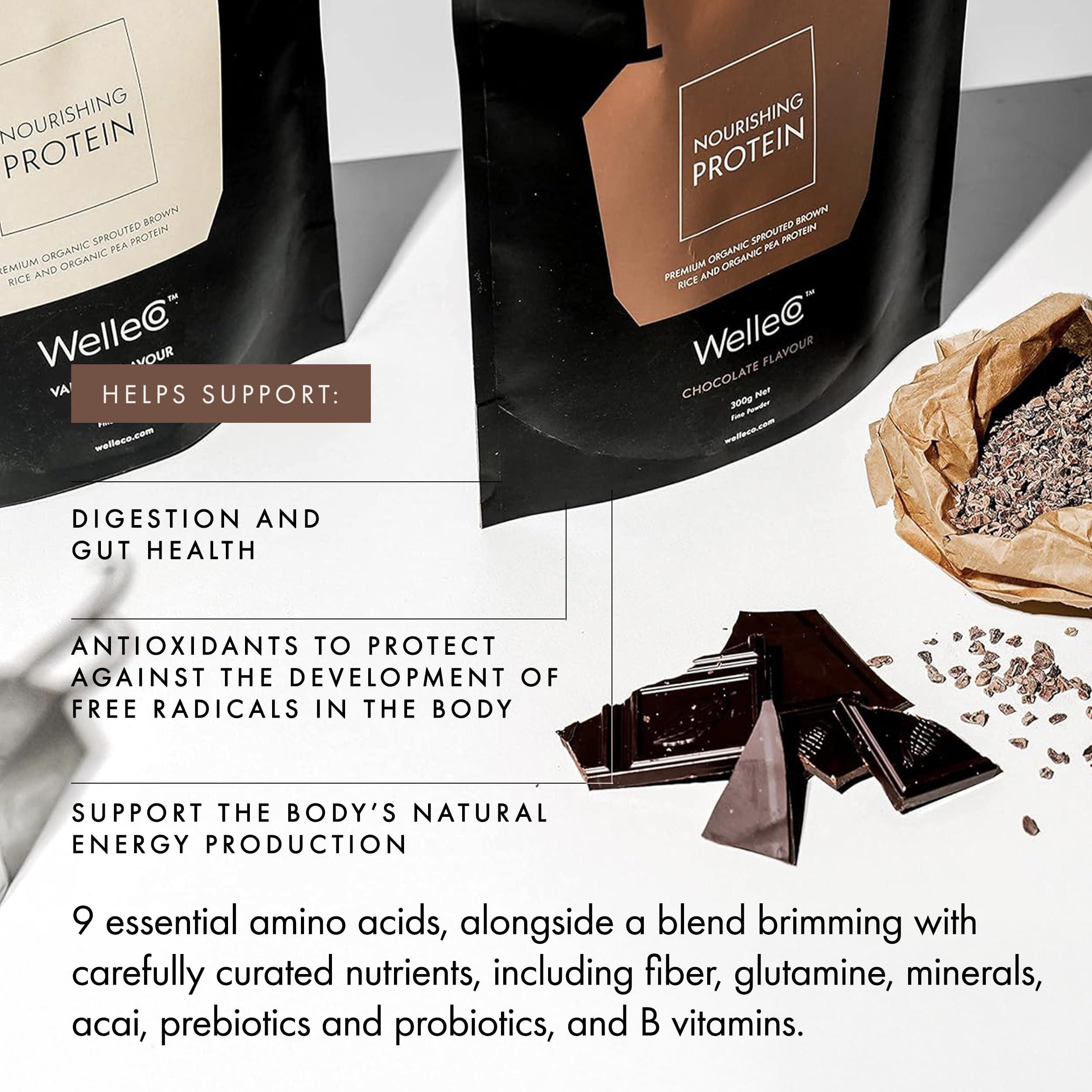 WelleCo WelleCo, Nourishing Protein, Premium Organic Sprouted Brown Rice & Pea Protein, Chocolate Flavour, 300g (10.5oz) Pouch