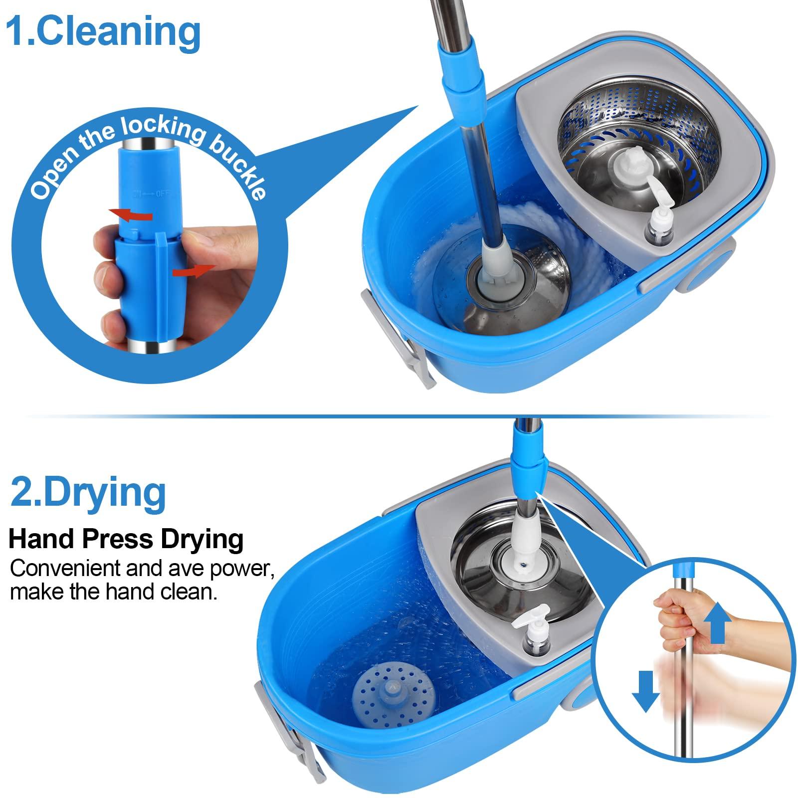 CooFel Spin Mop and Bucket with Wringer Set on Wheels, 360 Spinning Mop Bucket System with 3 Microfiber Mop Replacement Heads and 61\" Stainless Steel Adjustable Handle for Floor Cleaning (25QT)