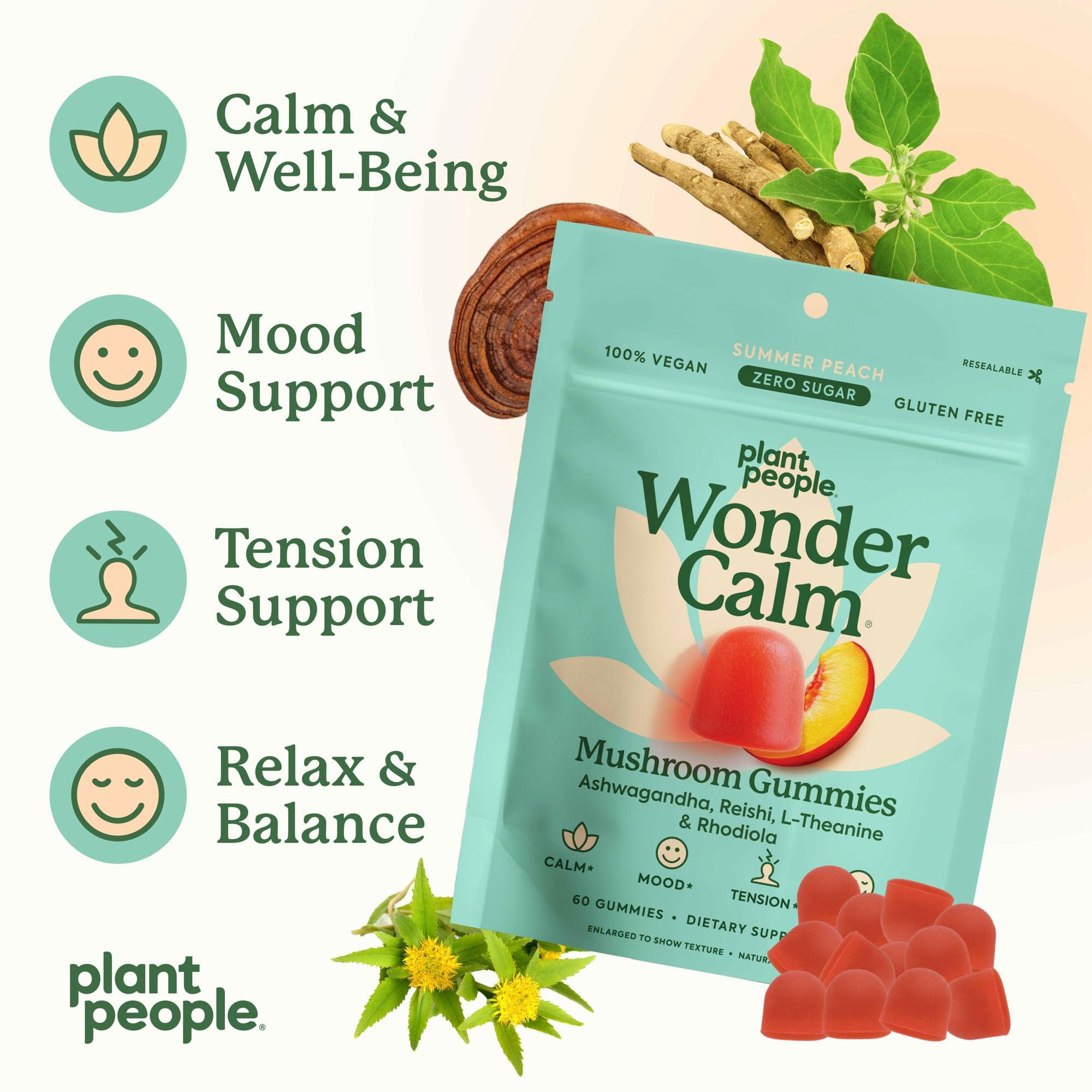 Plant People Plant People WonderCalm Mushroom Gummies - Natural Ashwagandha Supplement to Ease Stress & Boost Mood for Adults without Sugar, Gluten or Artificial Colors, Vegan-Friendly, Peach Flavor, 60 Count