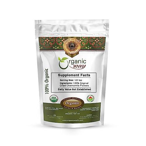 Organic Way Organic Way Chamomile Flower Whole (Matricaria chamomilla) - Herbal Tea | European Wild-Harvest | Kosher & USDA Certified | Vegan, Non-GMO & Gluten Free | 100% Raw from Albania (1/4LBS / 4Oz.)