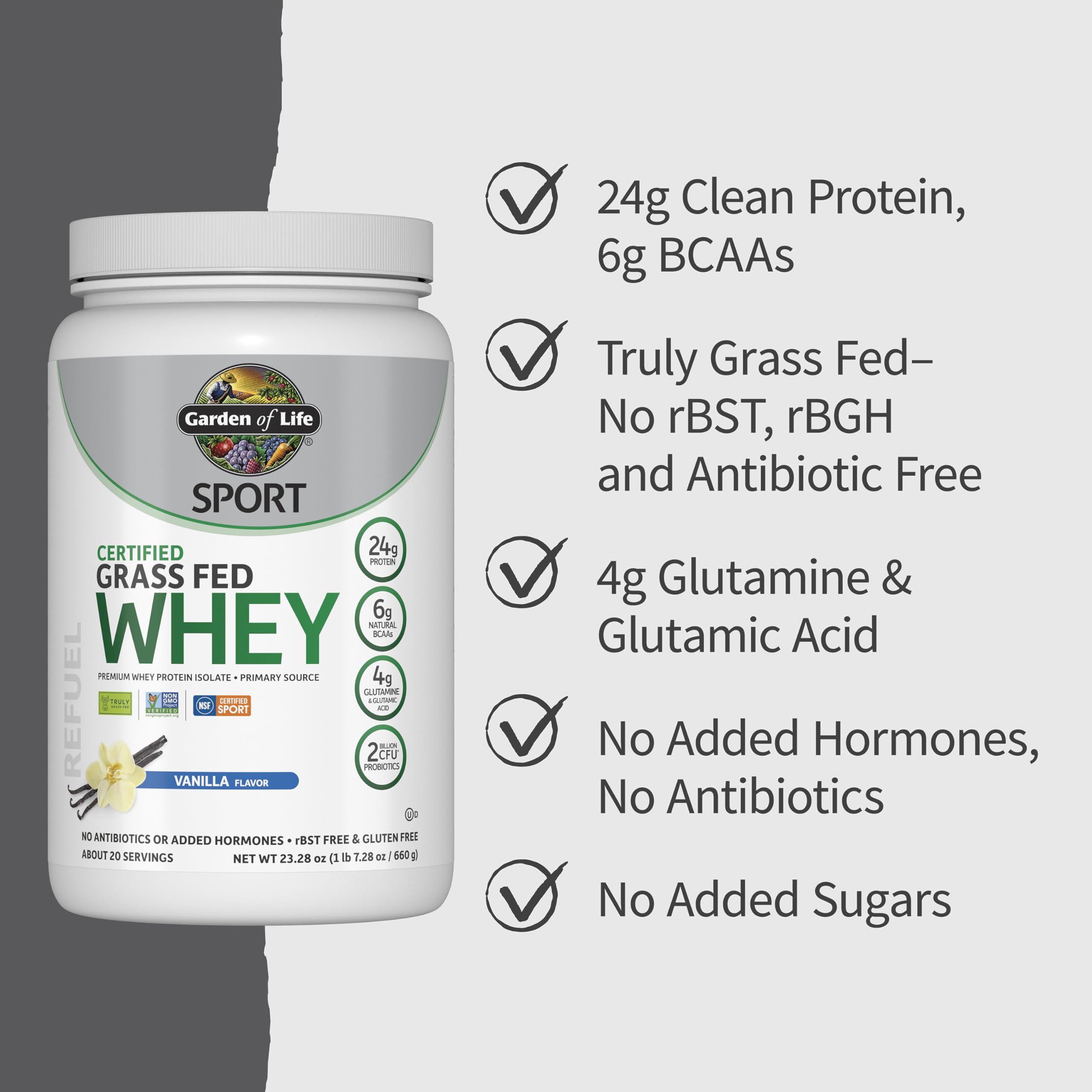 Garden of Life Garden of Life Sport Whey Protein Powder Vanilla, Premium Grass Fed Whey Protein Isolate Plus Probiotics for Immune System Health, 24g Protein, Non GMO, Gluten Free, Cold Processed - 20 Servings
