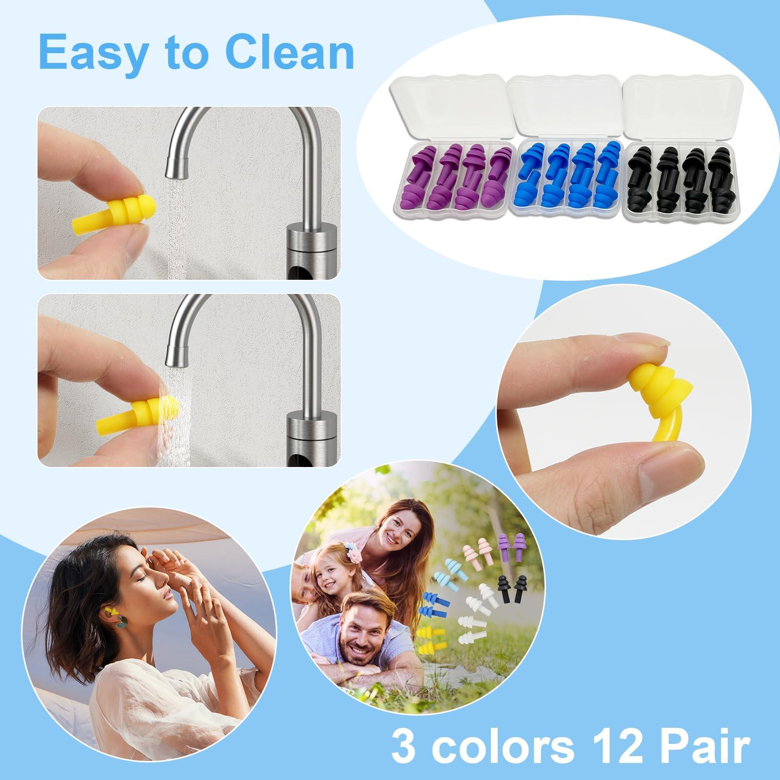 AXBUS Ear Plugs for Sleeping,12 Pair Earplugs Noise Canceling Soft Silicone Ear Plug Reusable Earplugs for Sleep,Concert,Swimming,Study,Loud Noise,Snoring(Black Blue Purple)