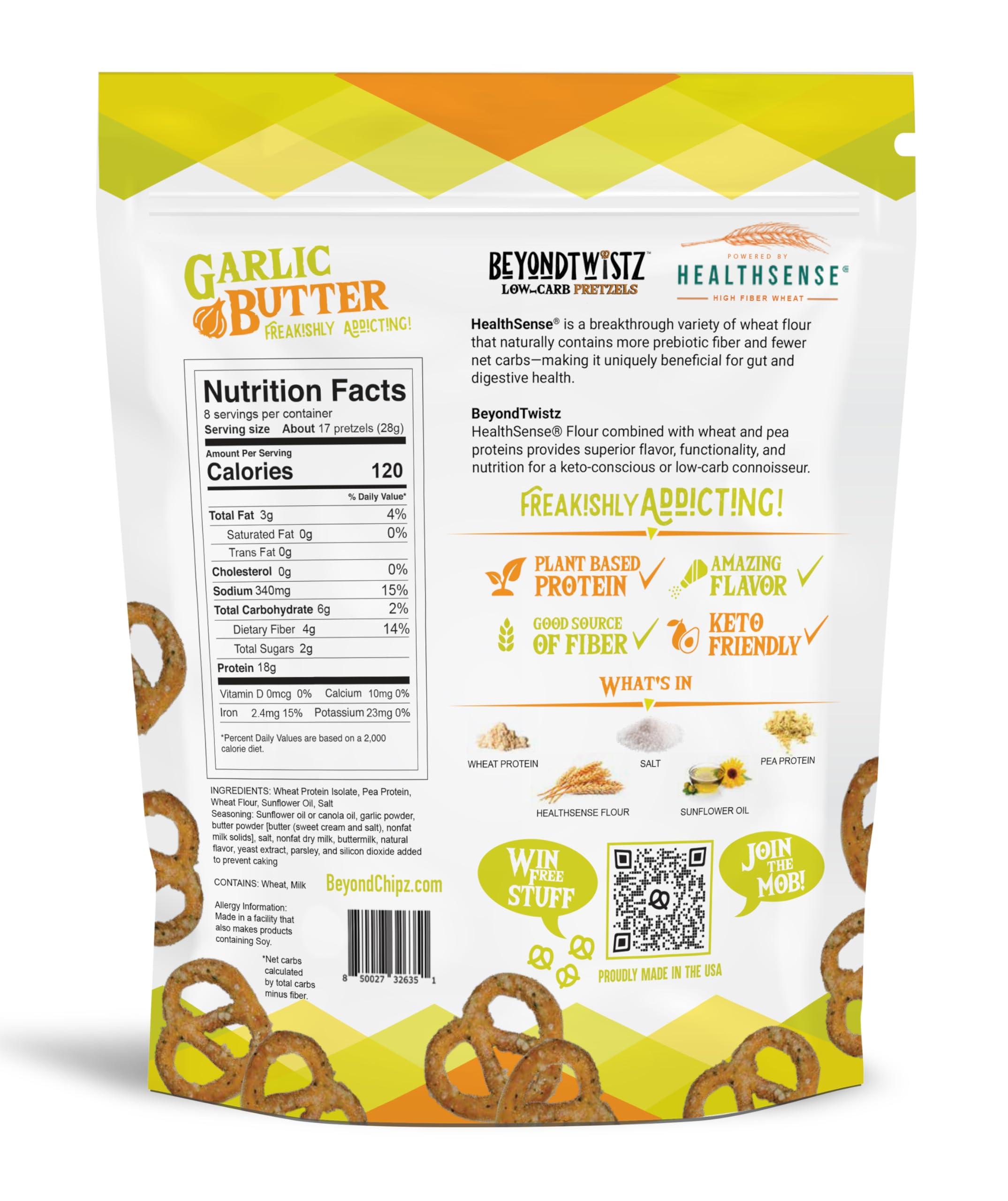 BeyondChipz BeyondTwistz Low Carb Pretzels, Garlic Butter, Keto Friendly, 2g Net Carbs, 18g Protein, Powered By HealthSense High Fiber Wheat Flour, Family Size 8oz Bag, Pack of 3