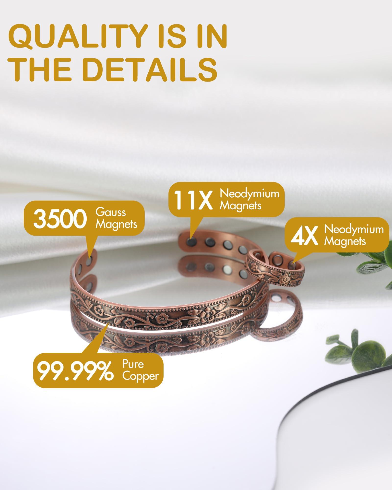 Feraco Feraco Copper Bracelet & Lymphatic Drainage Rings for Women, Vintage Flower Copper Magnetic Cuff Bangle, 99.99% Pure Copper with Neodymium Magnets, Adjustable with Gift Box