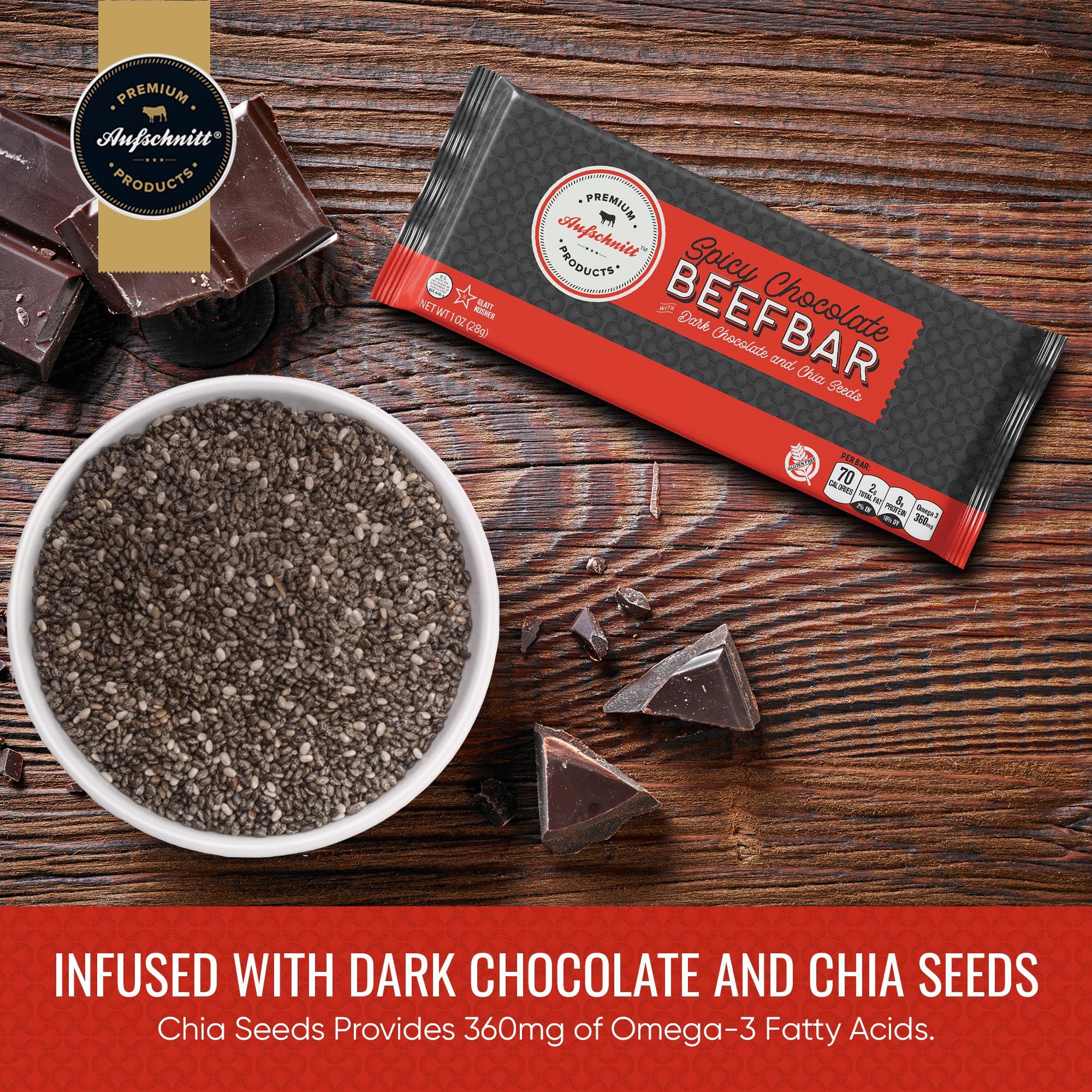 Premium Aufschnitt Products Aufschnitt Beef Bars - High Protein Snack with Grass Fed Beef - Kosher, Halal, and Keto Friendly - Dark Chocolate and Chia Seeds, 12 Count