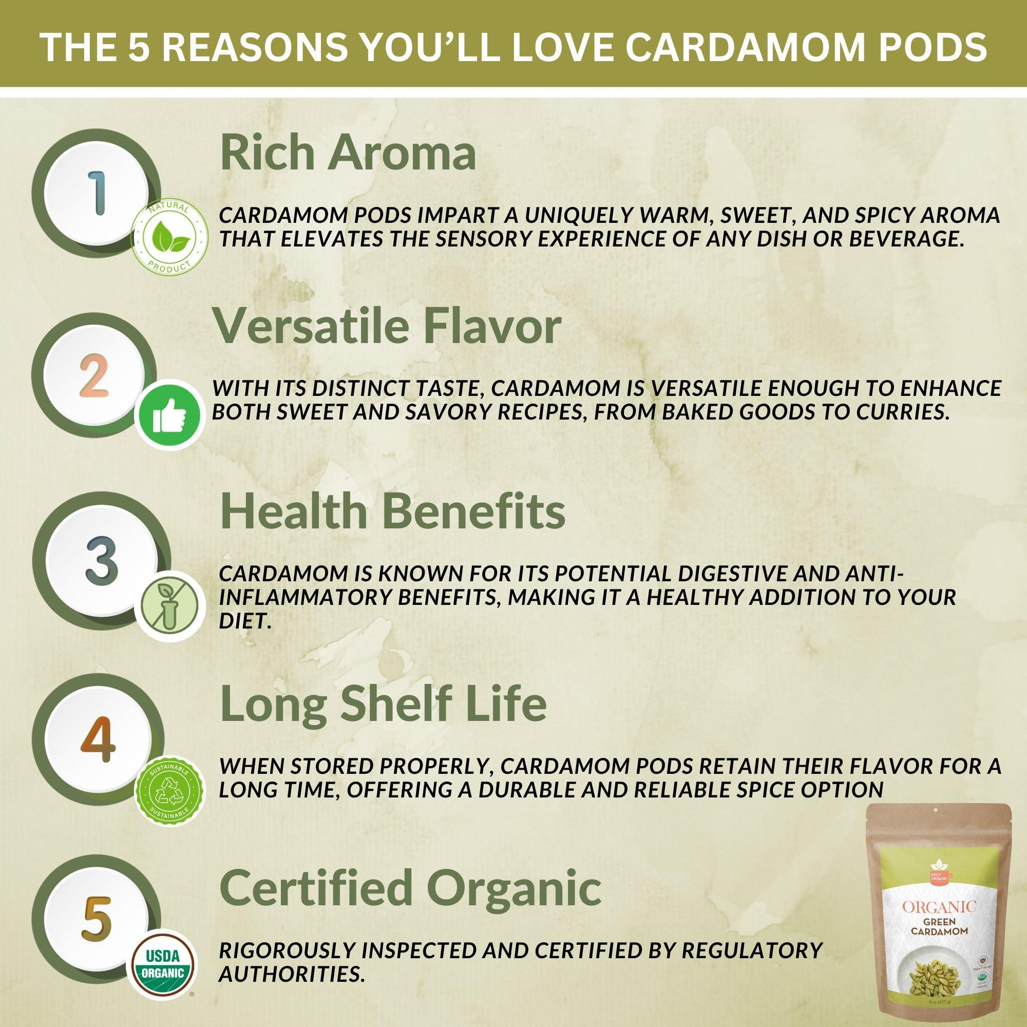 SPICY ORGANIC SPICY ORGANIC Green Cardamom Pods 2 oz - Whole Cardamon Seeds for Authentic Spice Flavor, Natural Caramon Pod for Tea, Cooking, and Baking- USDA Certified Organic, Gluten-Free, Non-GMO and Kosher
