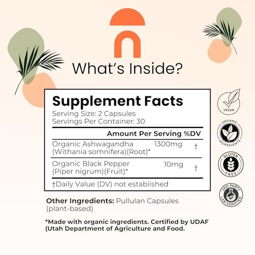 NutriRise NutriRise Organic Ashwagandha Root Capsules with Black Pepper, 1300mg, Natural Stress & Mood, Thyroid & Immune Support Supplement, Clarity, Focus & Energy, Gluten Free, 60 Count