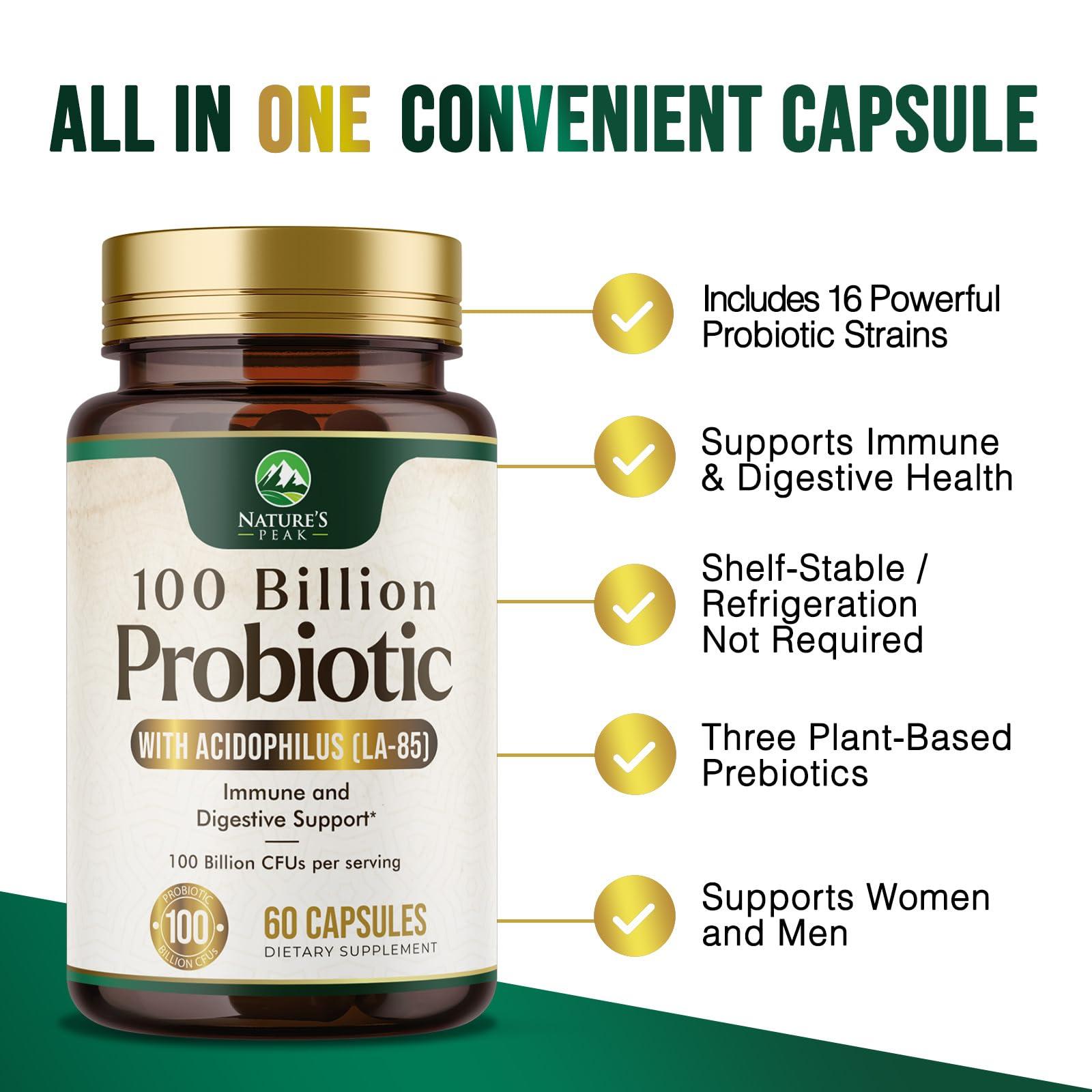 Nature's Peak Probiotics for Women's Digestive Health - 100 Billion CFU, 16 Strains with Prebiotics, Supports Immune, Gut Health, PH, Gas & Bloating, Best Probiotic for Women & Men, Shelf Stable - 60 Capsules