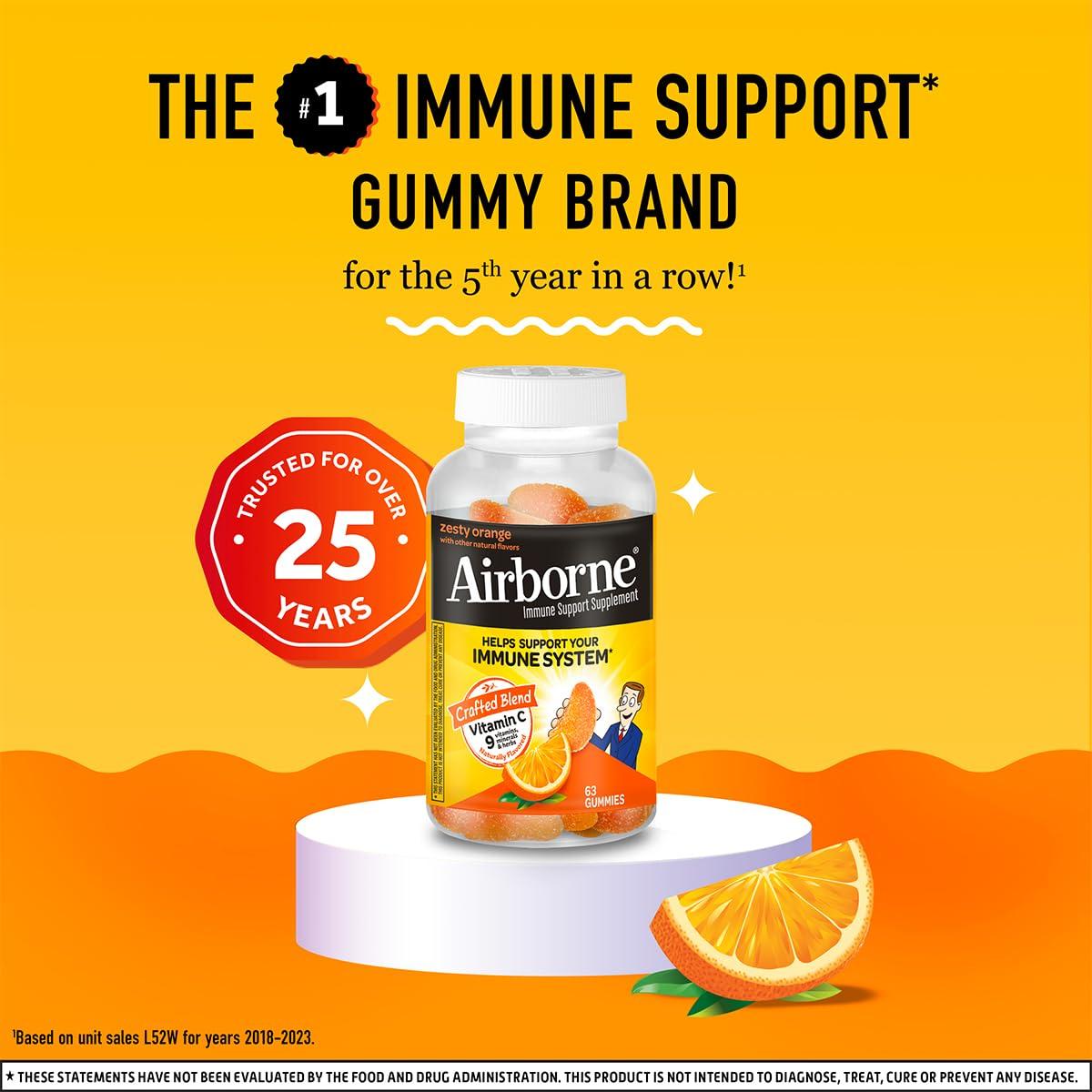 Airborne Airborne 750mg Vitamin C Immune Support Supplement Gummies for Adults, Zesty Orange Flavor, Gluten Free Crafted Blend with Powerful Antioxidants Vitamins A C & E, 63 Gummies (4 Pack)
