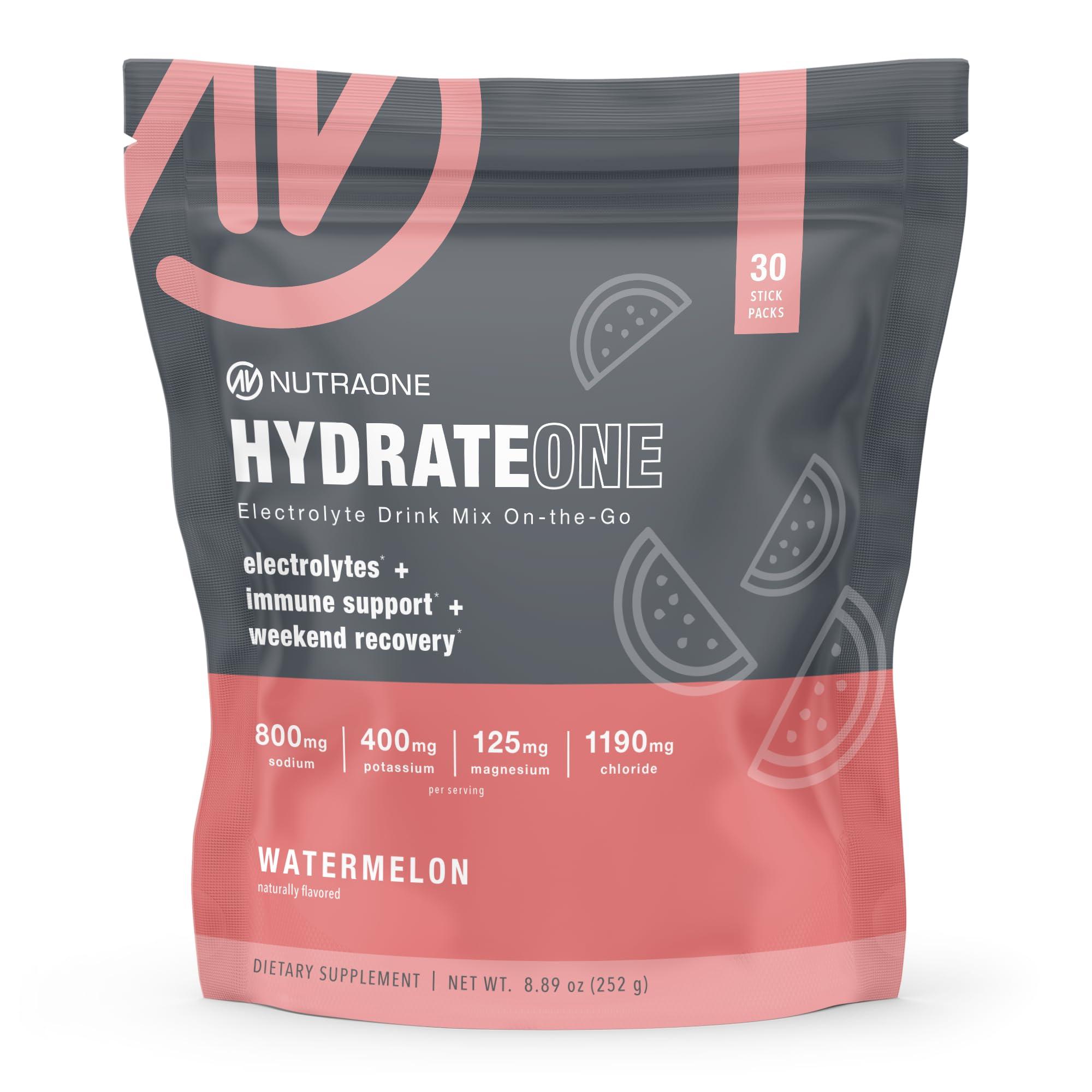NutraOne HydrateOne, Electrolyte Drink Mix On-The-Go | Watermelon, 30 Servings