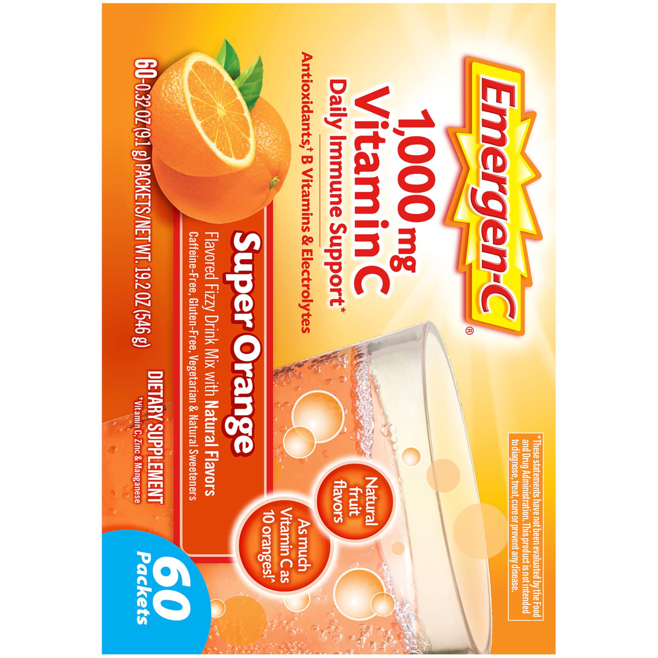 Emergen-C Emergen-C 1000mg Vitamin C Powder for Daily Immune Support Caffeine Free Vitamin C Supplements with Zinc and Manganese, B Vitamins and Electrolytes, Super Orange Flavor -60 Count(Pack of 1)