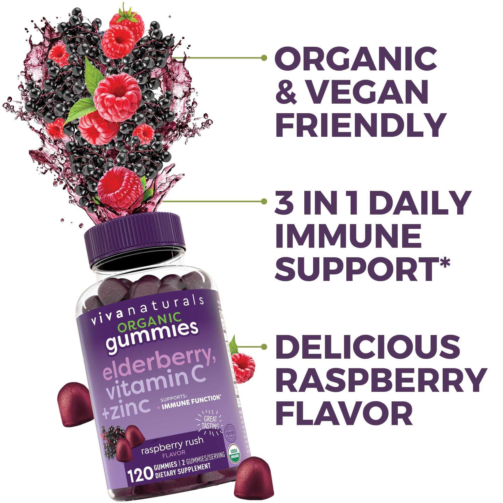 Viva Naturals Organic Sambucus Elderberry Gummies with Zinc and Vitamin C (120 Count) - 3 in 1 Black Elderberry Gummies for Adults Immune Support, Chewable Elderberry Supplements, Immunity Gummies