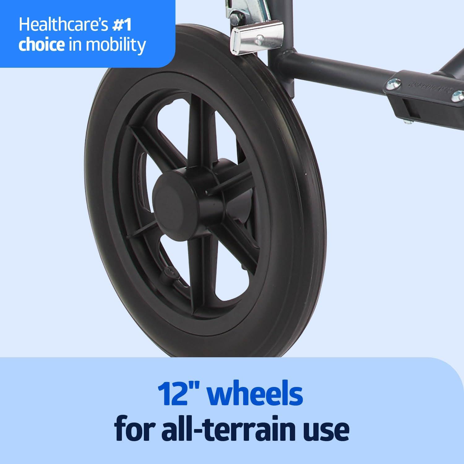 Medline Medline Durable Folding Steel Transport Wheelchair with 12-Inch Wheels, 19-Inch Seat Width, Gray Frame, Microban, Teal Upholstery