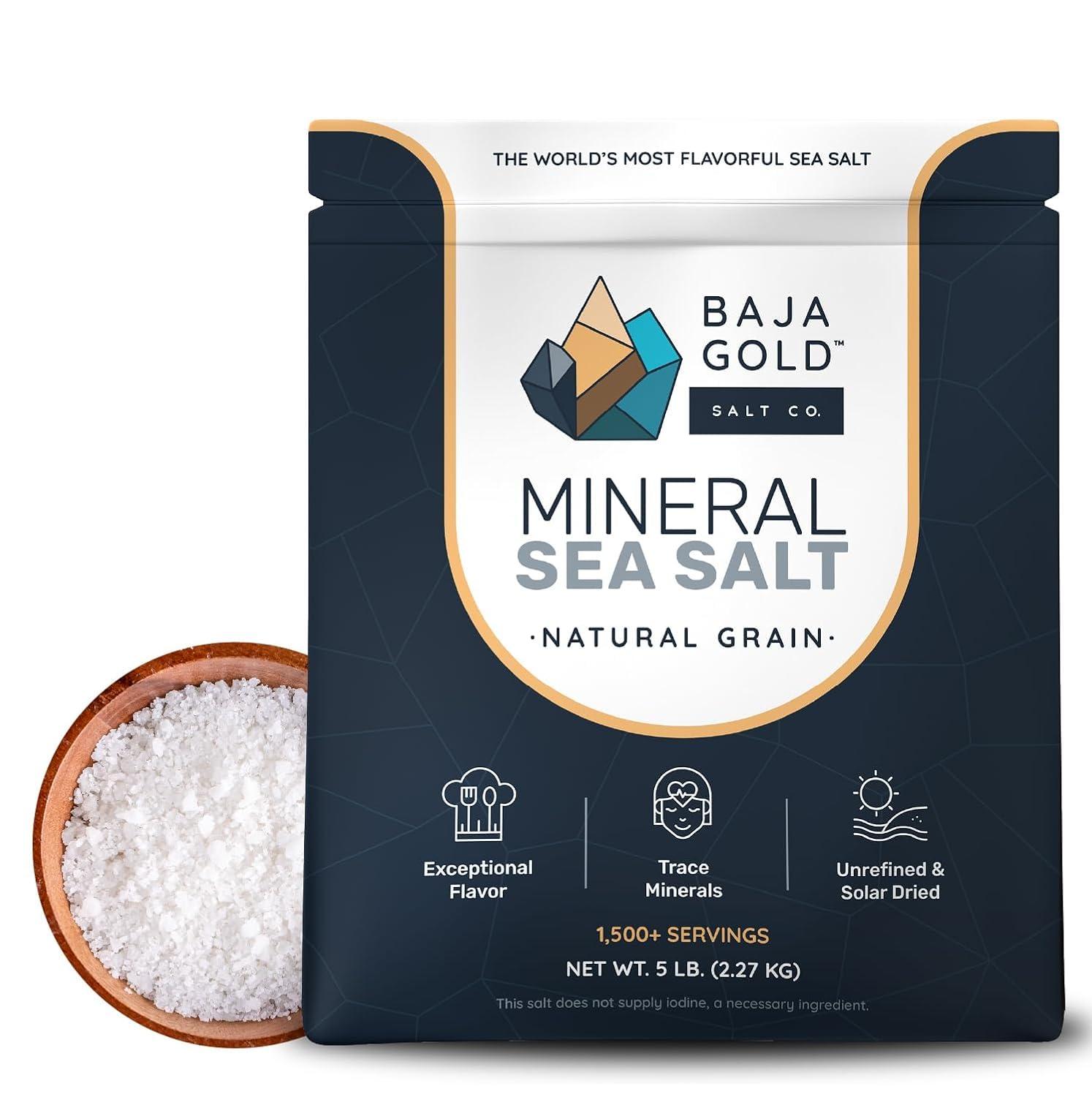 Baja Gold Baja Gold Mineral Sea Salt - Pure & Organic Natural Grain Salt for Cooking & Baking | Low Sodium, Authentic Baja Salt | Ideal for All Culinary Creations | 5 lb. Resealable Bag, 1,500+ Servings