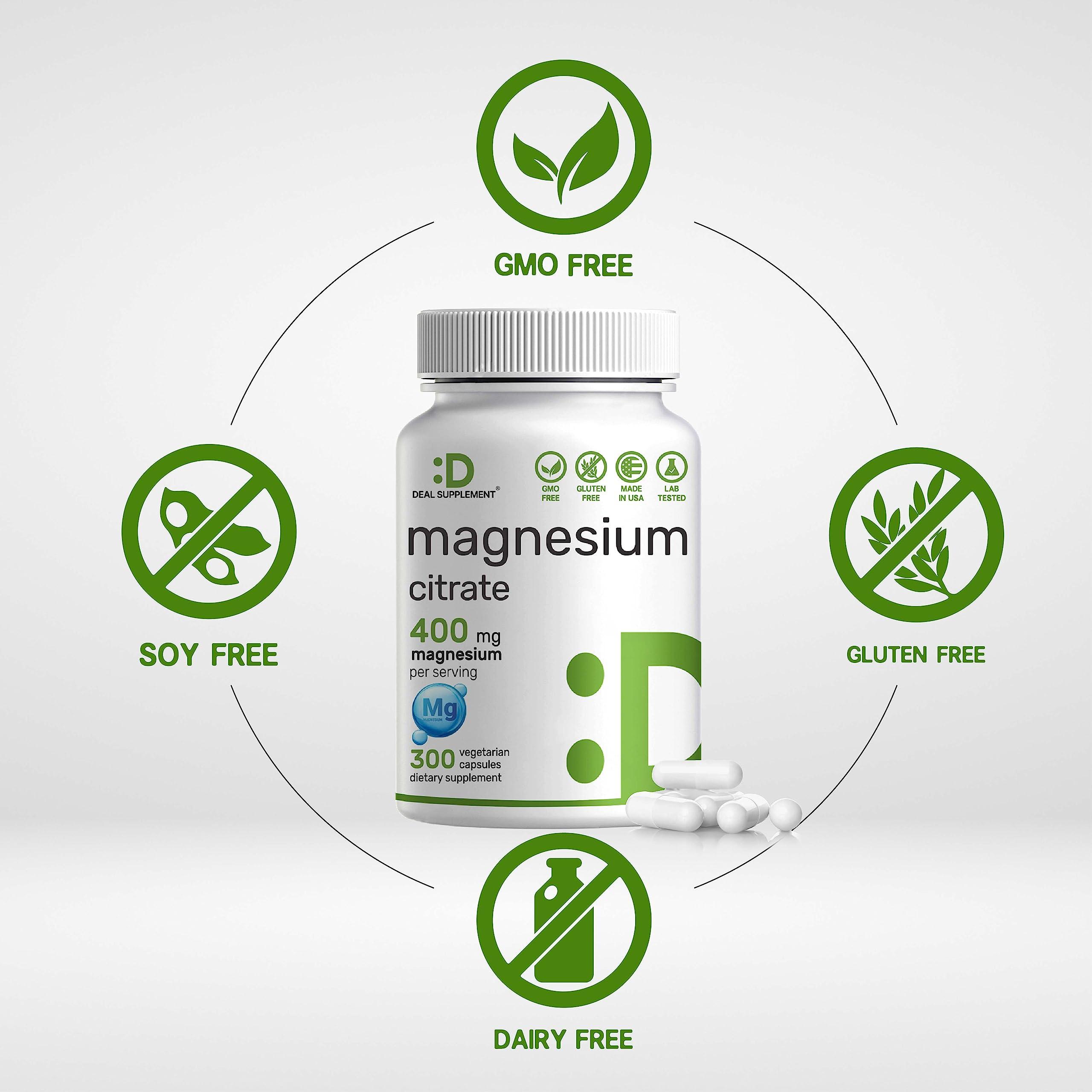 DEAL SUPPLEMENT Magnesium Citrate 400mg Per Serving, 300 Veggie Capsules Chelated, Easily Absorbed, Purified Trace Mineral Muscle, Heart, & Digestive Support Non-GMO