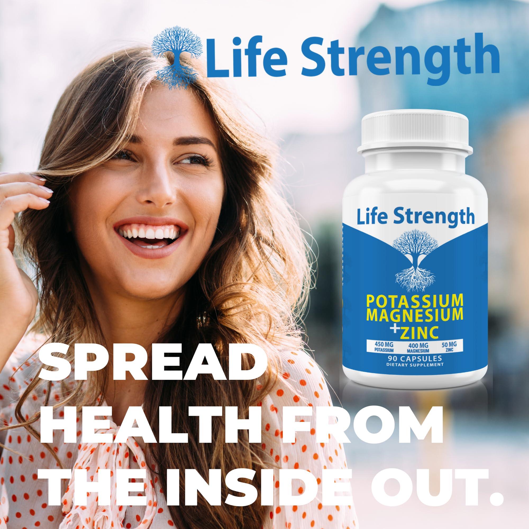 LifeStrength Life Strength Magnesium Potassium Supplements + Zinc 90 Capsules for Vascular Health High Absorption Vegan, Natural ingredients Supplement for Leg Cramps and Sleep