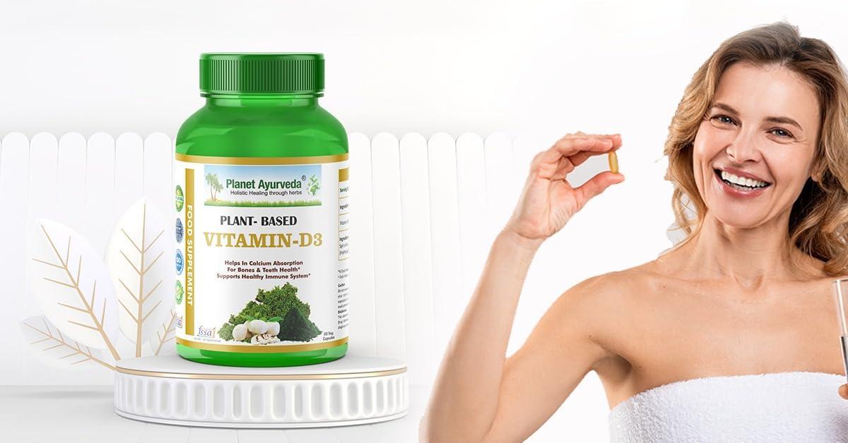 Planet Ayurveda Planet Ayurveda Plant Based Vitamin D3 Organic, Healthy Bones, Immunity, Mood, for Women, Men, Children, 60 CT (30-60 Days) (Pack of 1)