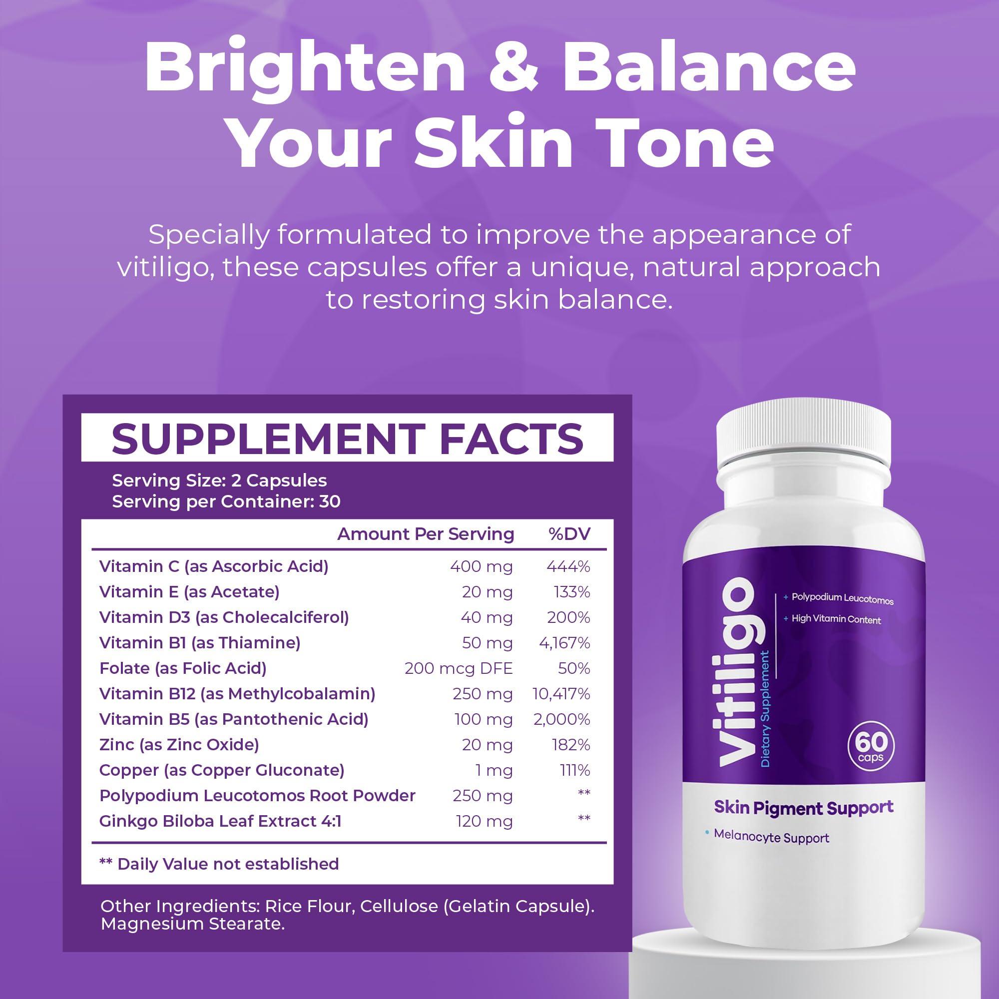 AURA VITAMINS AURA VITAMINS - Vitiligo Capsules 60 Count | 1 Month | Improve Skin Pigmentation Support and Reduce White Spots | Effective Vitiligo Supplement | Natural Solution for White Spots on Skin. (1)