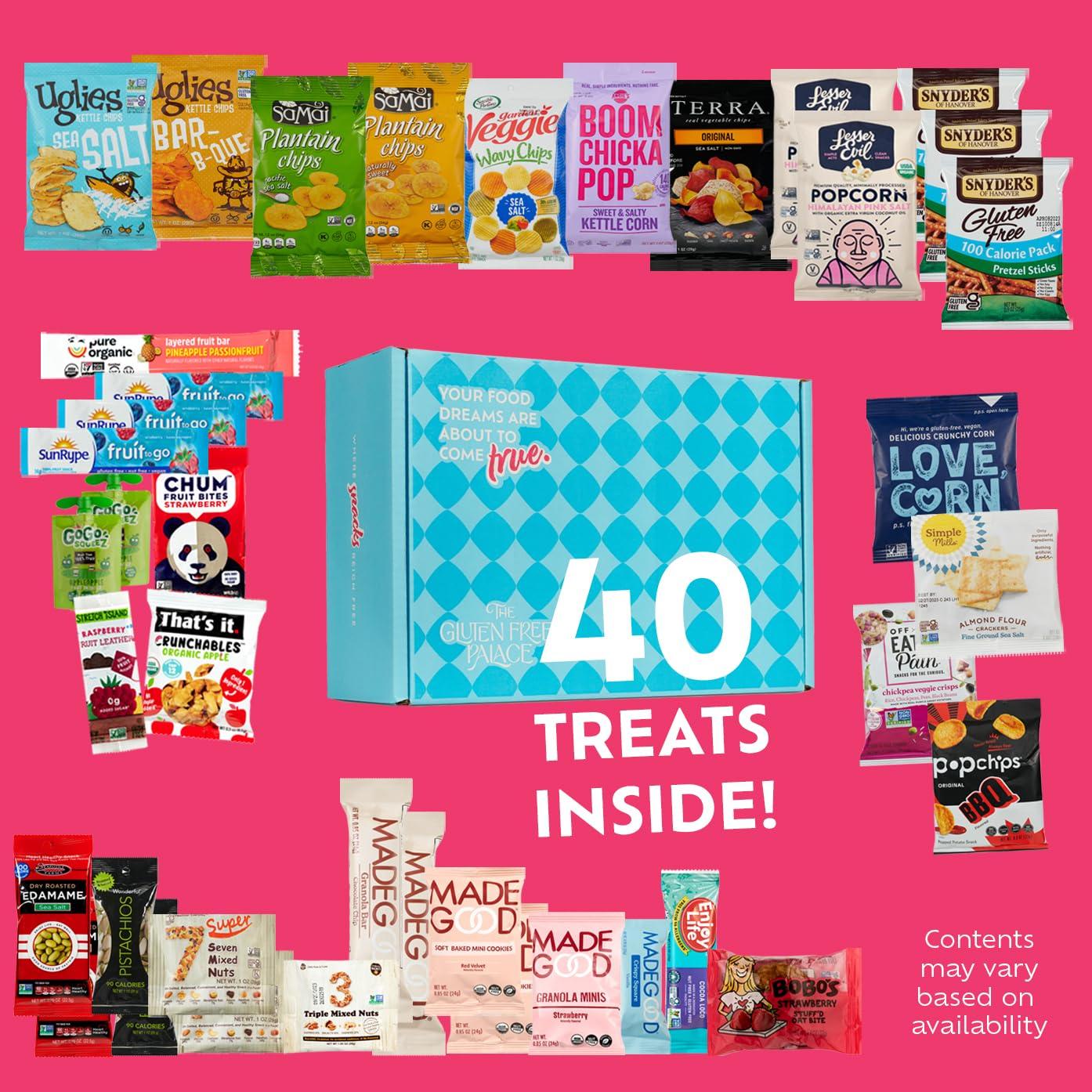 GLUTEN FREE PALACE Gluten Free Palace Snacks Gift Basket Gluten Free, Dairy Free & Vegan Snack Box for Adults - Healthy Valentines Day Gift Basket (40 Count)