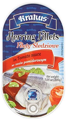 Krakus KRAKUS HERRING FILLETS in variety taste sauce: tomato, mustard, gourmet, pepper 7.05 oz (200g) x 4 pack. Variety taste: PRODUCT OF POLAND.