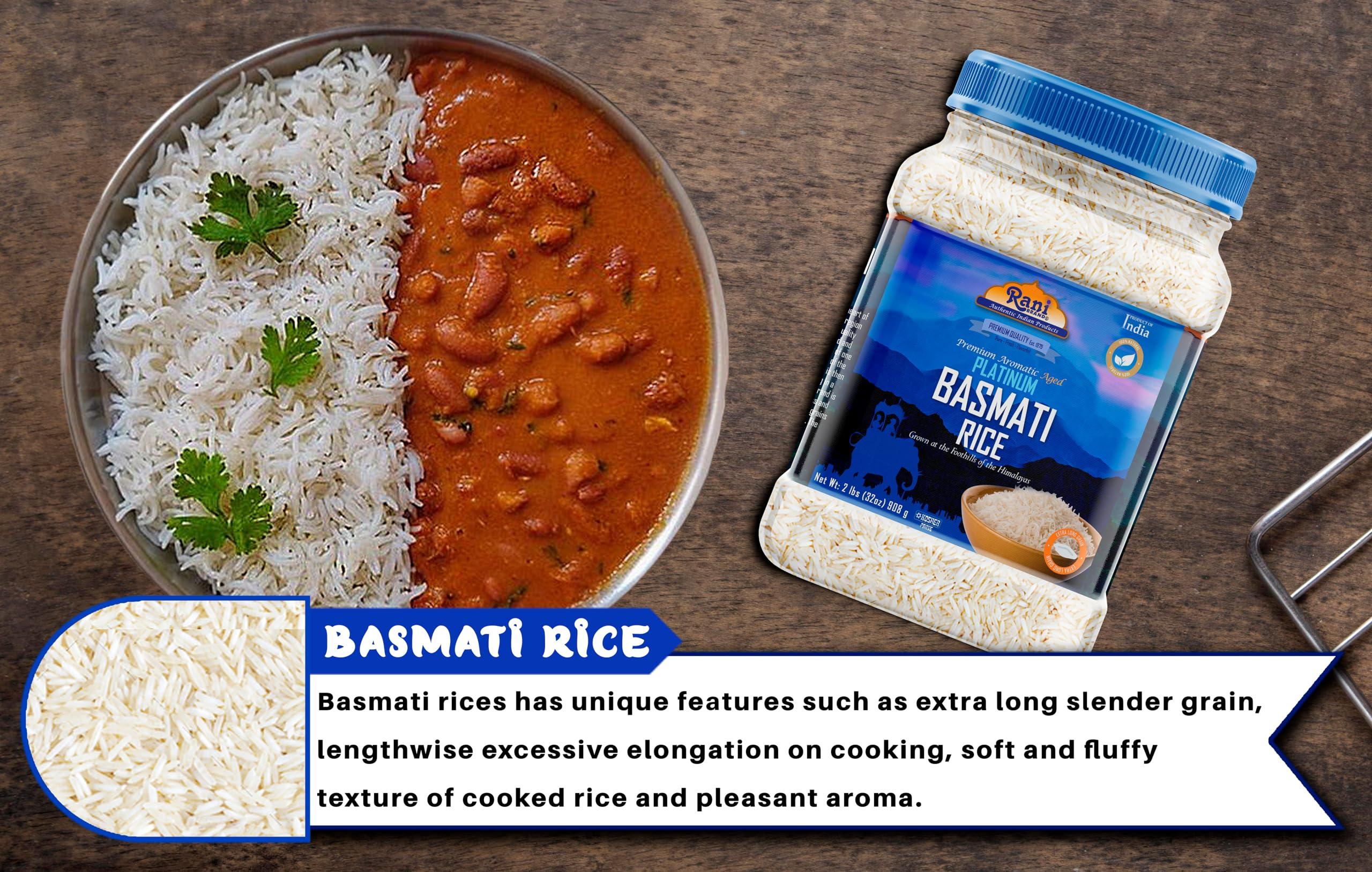 Rani Brand Authentic Indian Products Rani Platinum White Basmati Rice Extra Long Aged 32oz (2lbs) 908g PET Jar ~ All Natural | Gluten Friendly | Vegan | Indian Origin | Kosher | Export Quality