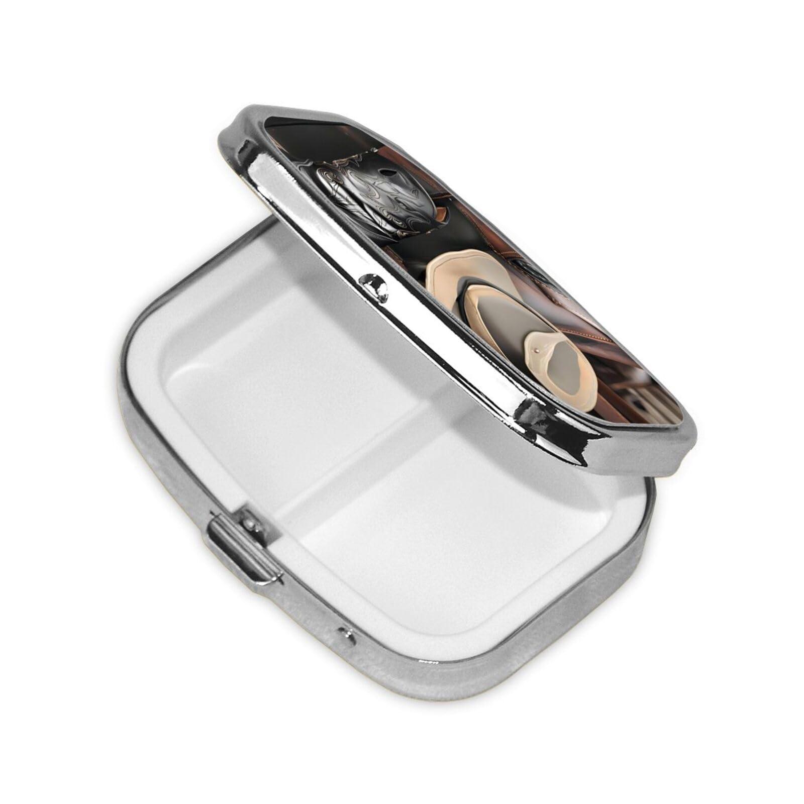 AthuAh Cowboy Black Hat Western Boots Everyday Pill Organizer, Fits in Pocket, 2 Compartment Portable Pill Box for Medications, Vitamins and More