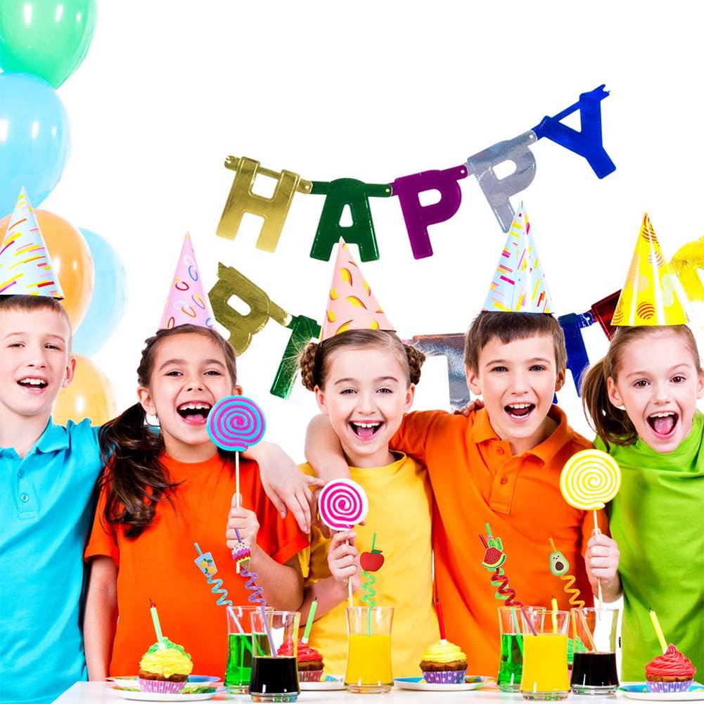 AHYS Crazy Straws 30 Pcs Colorful Plastic Silly Straws with Cartoon Decoration for Kids Birthday Party Supplies - 10 Styles