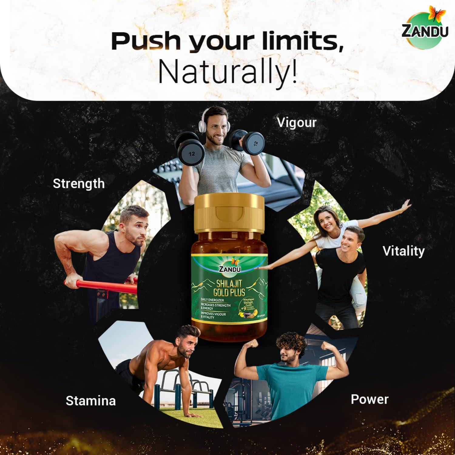 Zandu Zandu Shilajit Gold Plus| Scientifically tested advanced formula| Made using 100% Pure Himalayan Shilajit, Gold & 9 Ayurvedic herbs |Enhances strength, stamina, vigour, vitality and power | 20 Caps