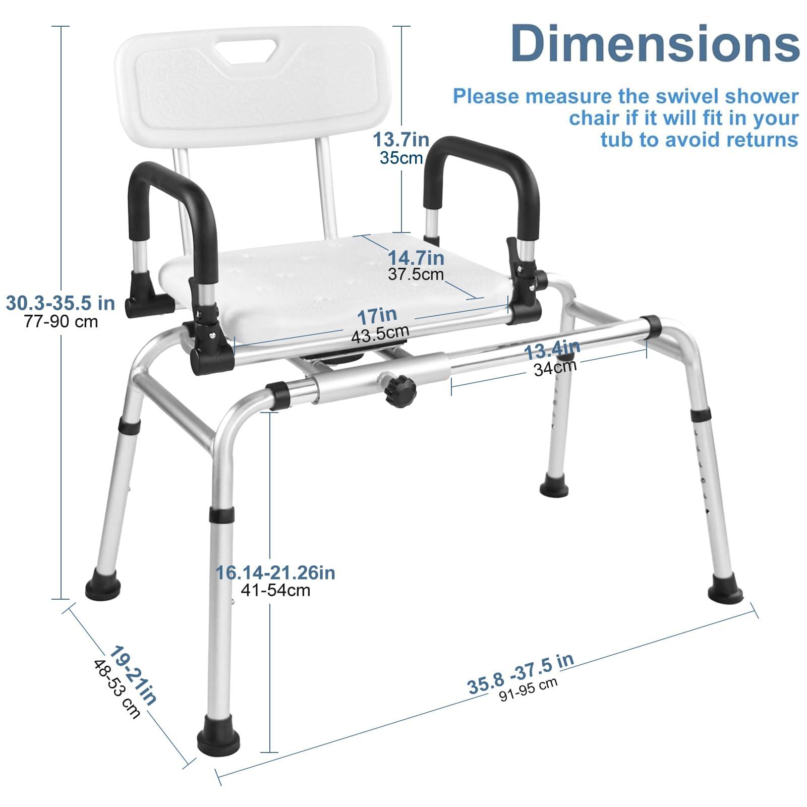 Eosprim EOSPRIM Sliding Shower Chair with Extra-Wide 360 Swivel Seat, 400 Lbs Capacity Tub Transfer Bench, Non-Slip & Padded Arms, Height Adjustable for use by Elderly & Disabled Persons in The Shower stall