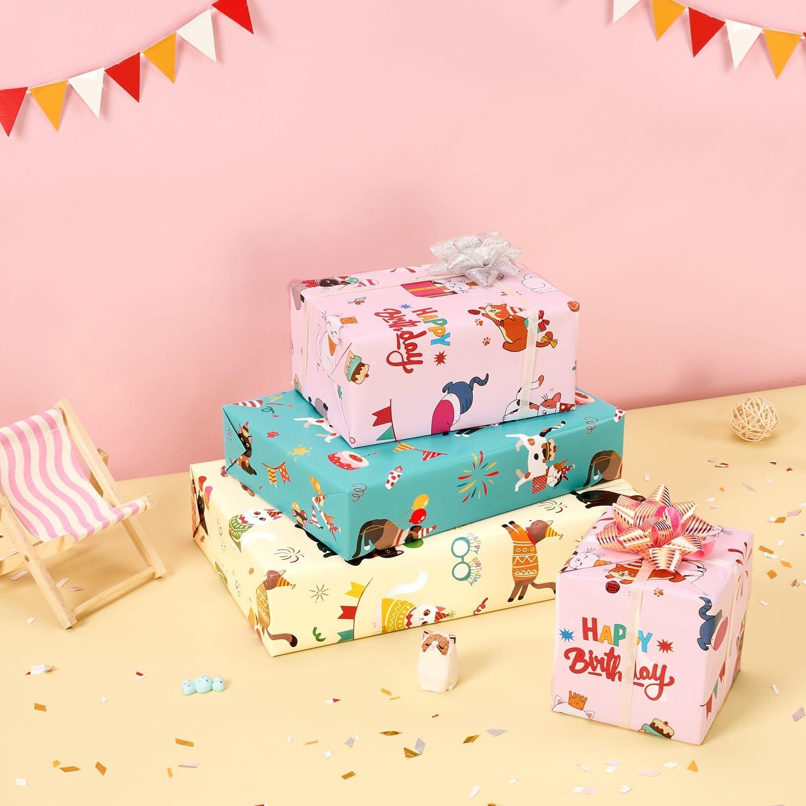 WERNNSAI WERNNSAI Cat Wrapping Paper Rolls - 3 Rolls 17 x 120 Birthday Wrapping Paper Rolls Cat Birthday Gift Wrap Paper Girls Wrapping Paper Rolls Kitten Wrapping Paper Bday Gift Wrap Paper with Cutting Lines 10ft