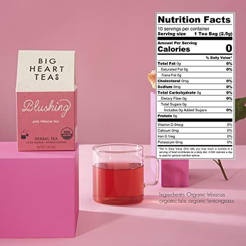 Big Heart Tea Co. Big Heart Tea Co. Tea Bags - Blushing Pink Hibiscus - Certified Organic, Naturally Sweet Ayurvedic Herbal Decaf Tea with Small Batch Ground Herbs - Adaptogenic Tulsi and Lemongrass, 10 Tea Bags