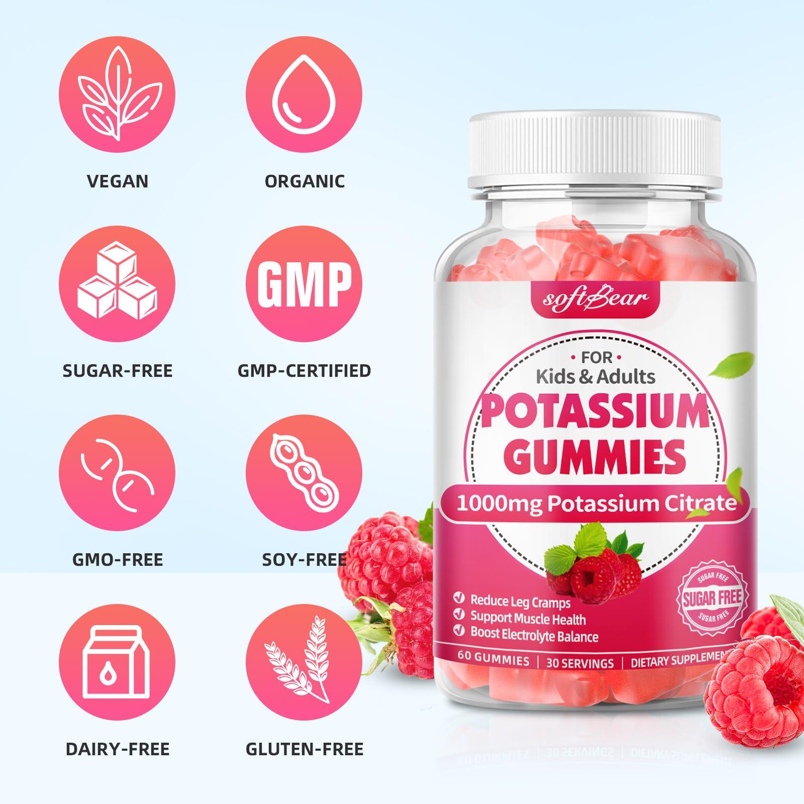 softbear softbear Potassium Gummies for Adults, High Potency Potassium Citrate 1000mg Supports Leg Cramps & Muscle Health Organic Potassium Supplement Gummies Raspberry Flavor 60 Count