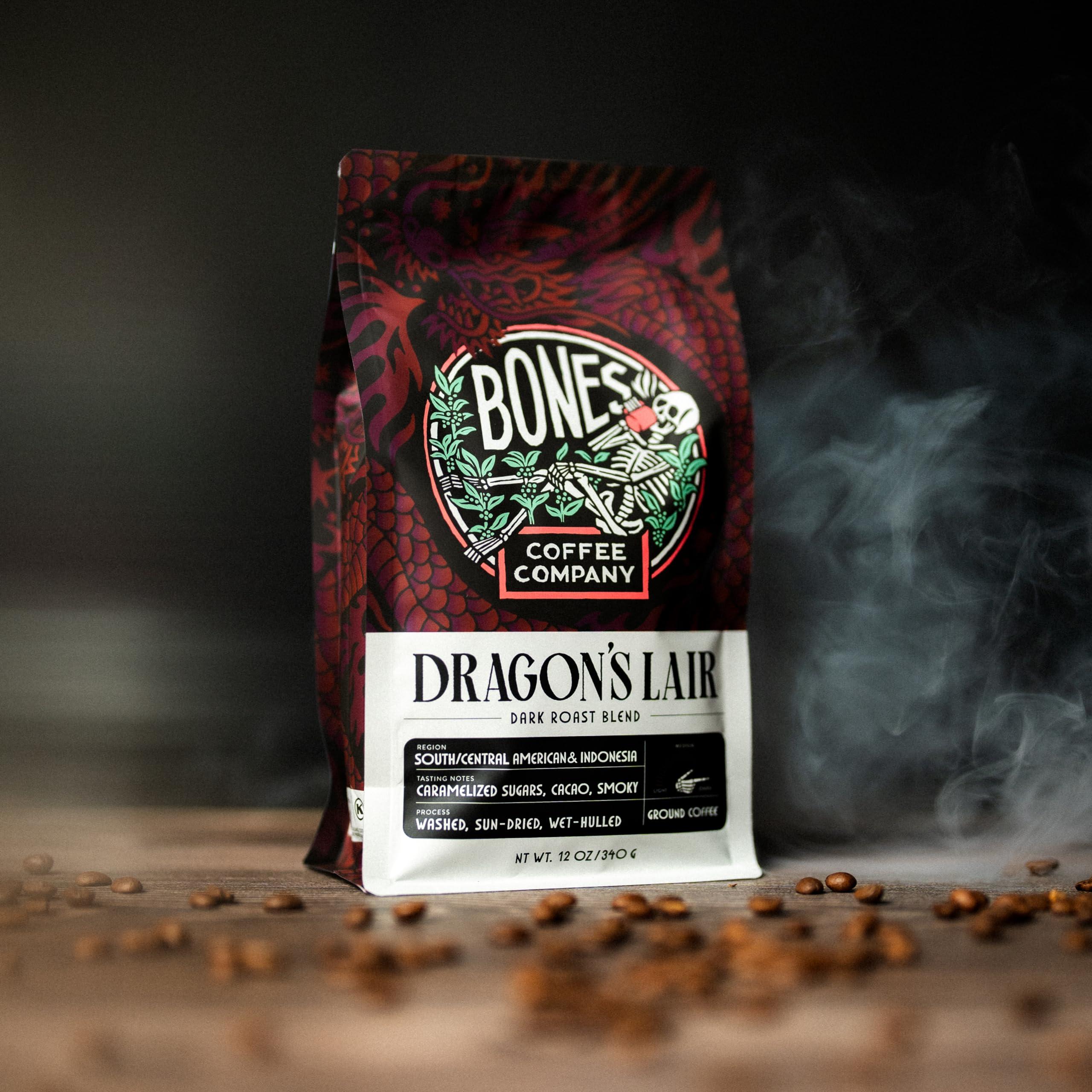 Bones Coffee Company Bones Coffee Company Dragon\'s Lair Flavored Coffee Beans, Whole Bean Coffee Dark Roast Low Acid (12 oz)