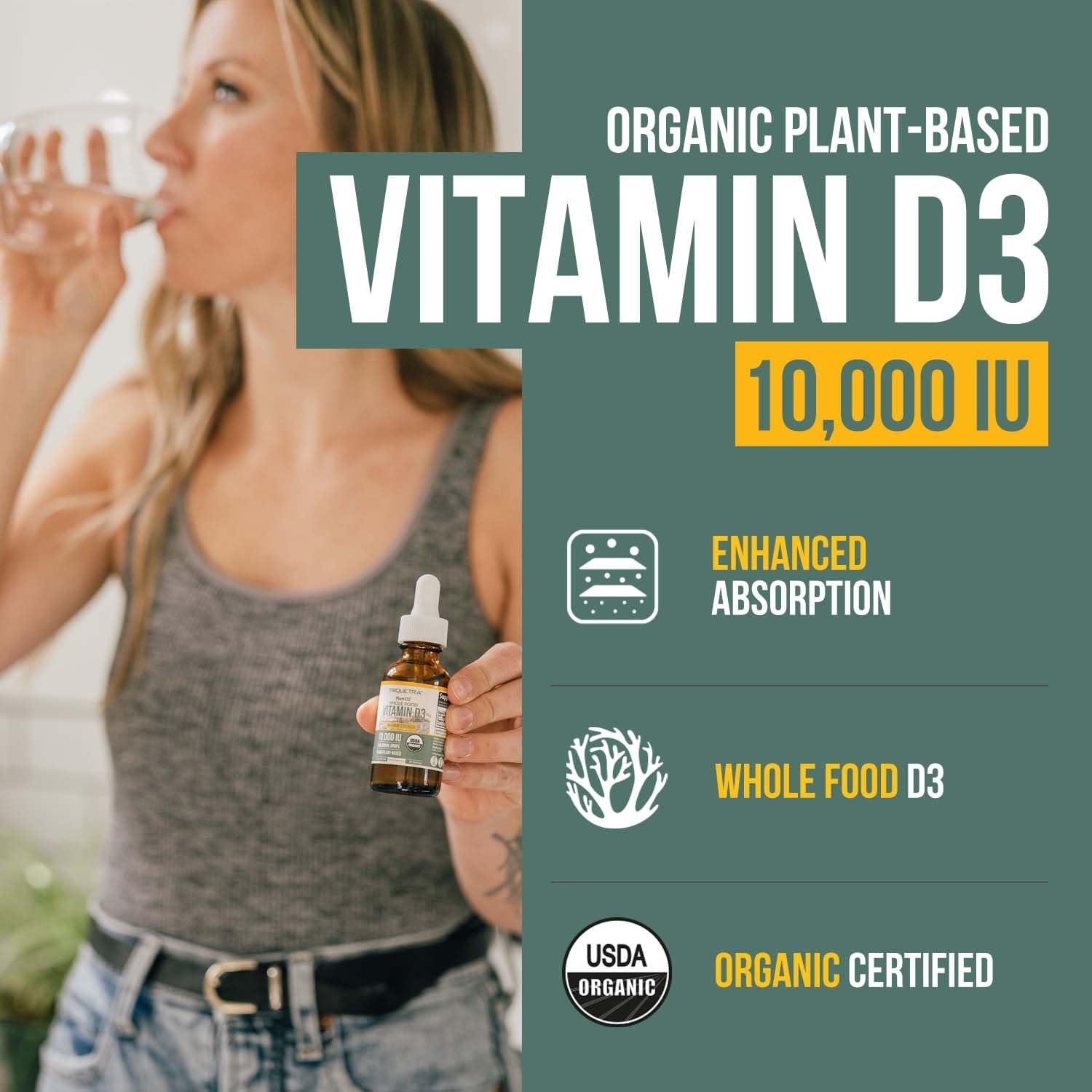 Triquetra Health Organic Vitamin D3 10,000 IU - Plant D3, Vegan, Max Strength Sublingual Liquid D3 Drops - 200% Higher Absorption, 100% Plant-Based Cholecalciferol Form & Vegan D3, Adjustable Dosing (30 Servings)