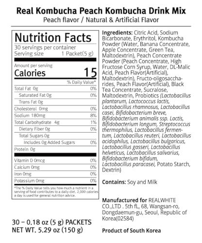 Funeat Funeat Real Kombucha Peach Flavor, Zero Sugar, Sparkling Fermented Powered Mix Beverage from Korea, 30 Sticks, 5 Ounce