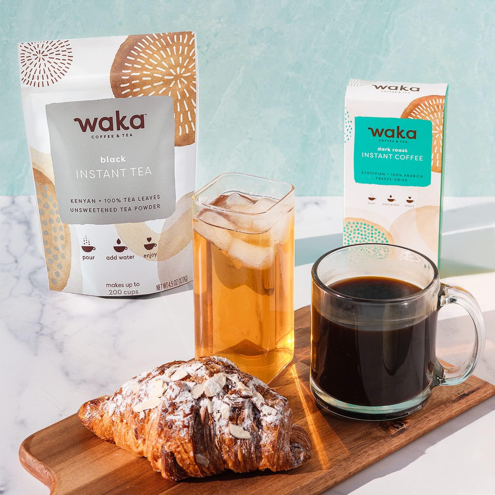 Waka Coffee Waka — Instant Coffee and Tea Bundle — Unsweetened Black Tea — Single-Serve Ethiopian Dark Roast Box Bundle