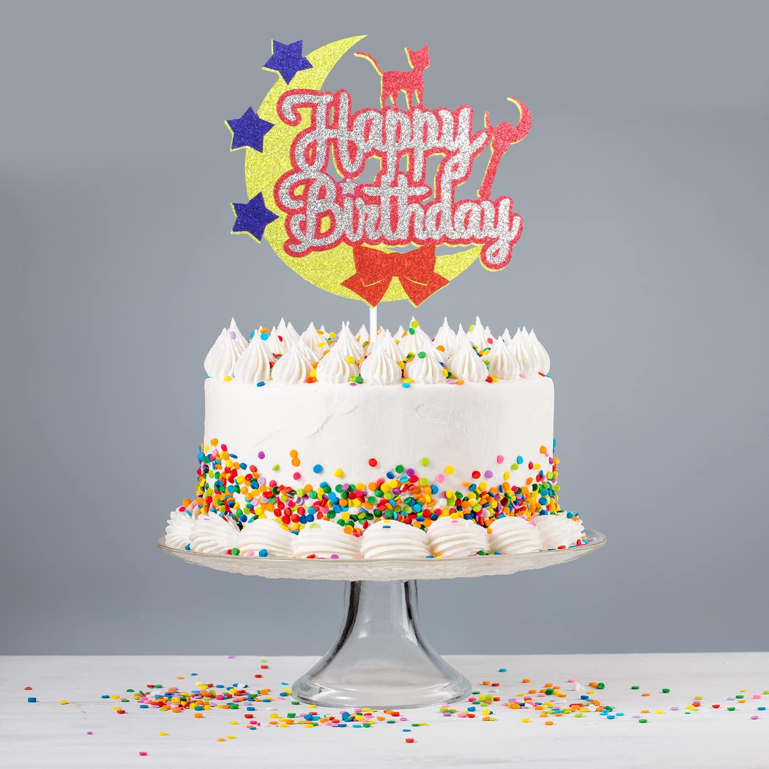 Caiwowo Moon Cat Happy Birthday Cake Topper - Moon Girls Sailor Birthday Party Glitter Cute Cat Cake Supplies - Pink Girl Happy Birthday Party Decoration