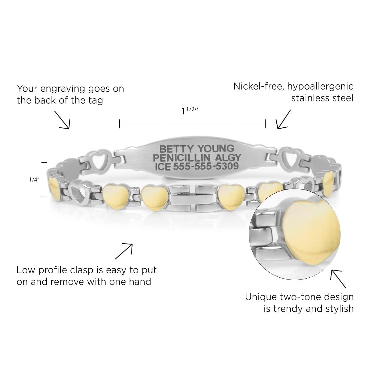 Lauren's Hope Medical Alert Bracelets For Women, Stainless Steel Gold and Silver Heart Link Bracelet, Free Custom Engraving, 1 Year Warranty, Stylish and Waterproof, Lauren\'s Hope Medical ID, 7.5 inch, no gemstone