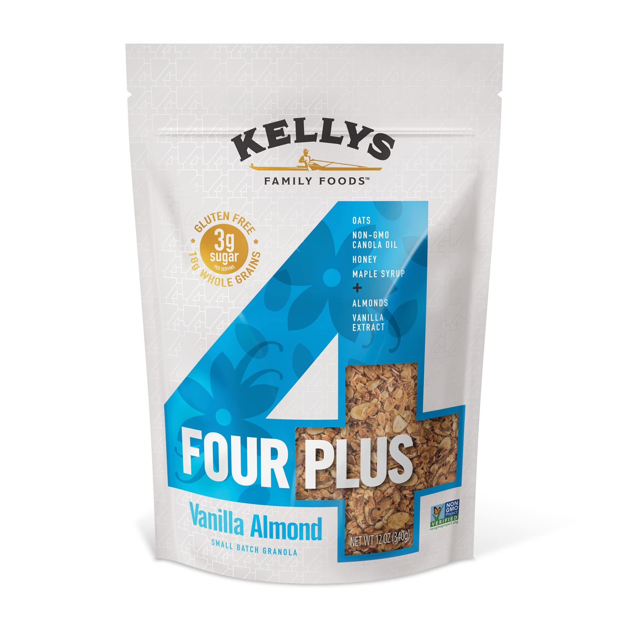 Kelly\'s Four Plus Kelly\'s Four Plus Granola (Vanilla Almond) Granola Cereal with Whole Grain Oats, Honey, Maple Syrup - Non-GMO, Low Sugar, Sodium Free and Gluten Free Granola for Yogurt - 12oz