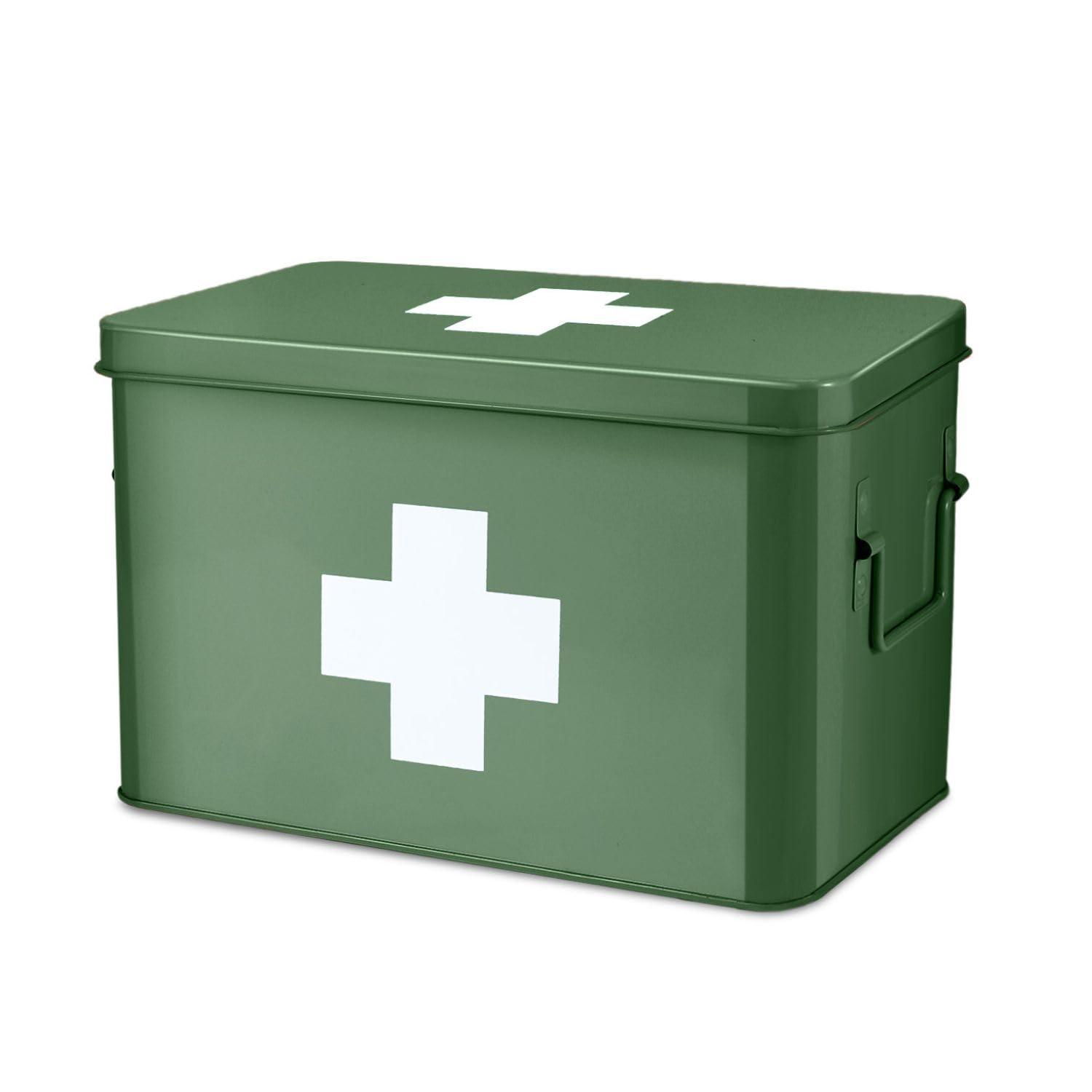 Flexzion Flexzion First Aid Box Organizer - Empty 13\" Green Vintage First Aid Kit Tin Metal Medical Box - First Aid Storage Box Container Bins with Dividers, Removable Tray and White Cross Logo