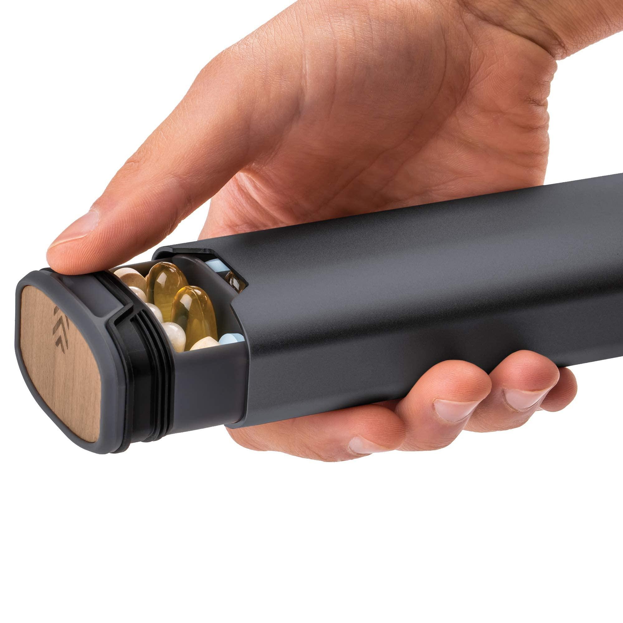 HIGHERHUMAN HigherHuman 7 Day Weekly Pill Organizer 2.0 by mbarc - Premium Stylish Aluminum and Wood Large Capacity Pill Box for Supplements, Pills, Vitamins and Medication. (Steel Grey)