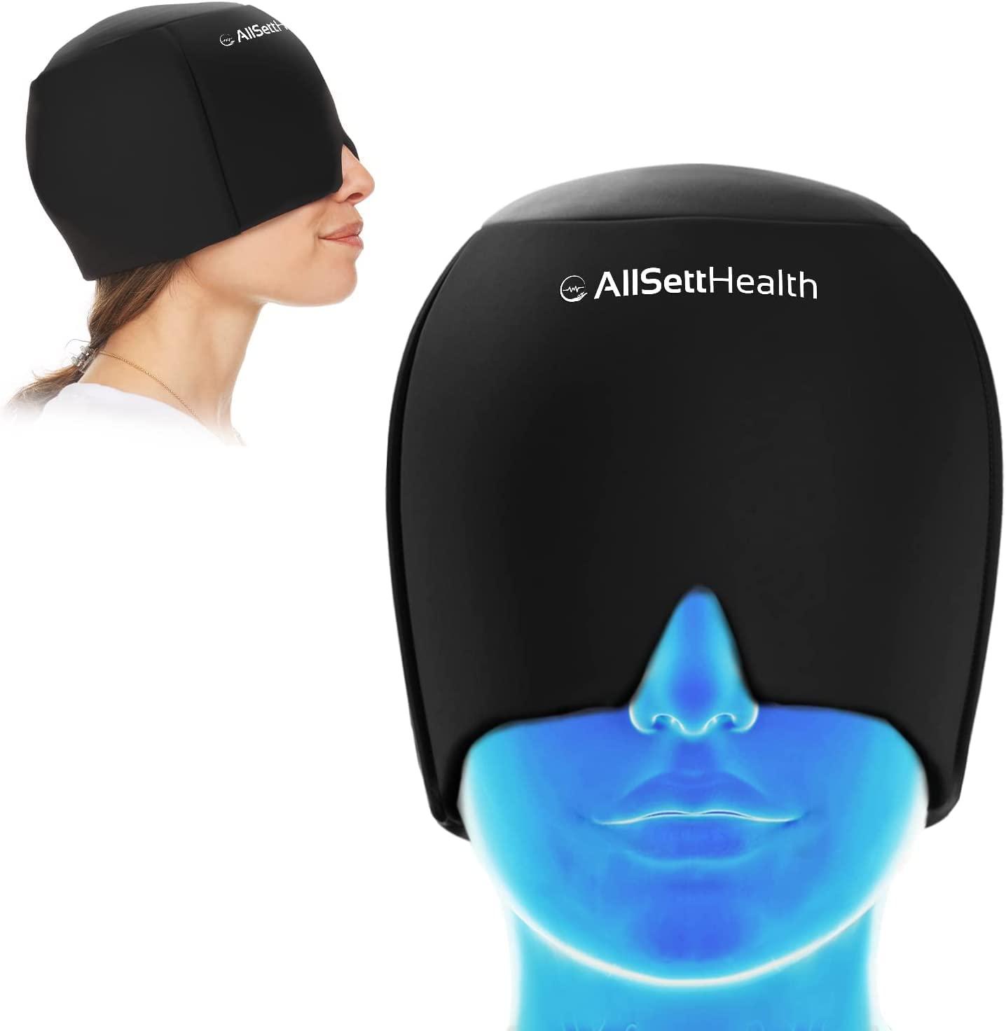 AllSett Health Migraine Relief Cap Ice Head Wrap Headache and Migraine Hat | Headache Relief with Hot/Cold Gel Head Ice Pack with Face and Eye Headache Mask Compress Black - FSA HSA Eligible Items