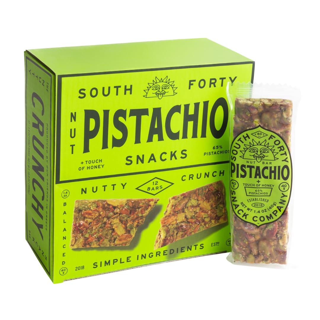 SOUTH FORTY SNACKS South 40 Snacks Pistachio Bar, Extra Crunchy Nut Snack Bar, Simple Ingredients, Honey and Sugar, Unique Delicious Healthy Nut Clusters, Individually Wrapped, 5 Grams of Protein (40g Bar, Pack of 12)