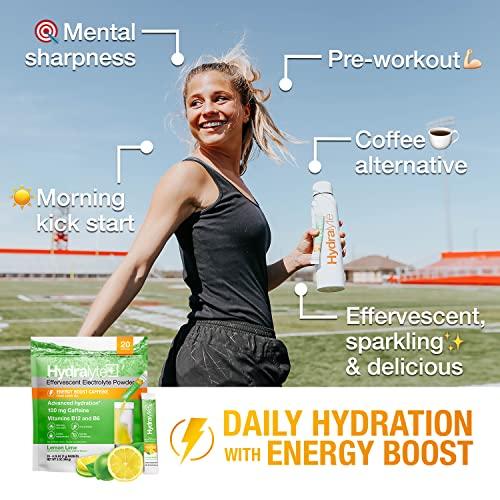 Hydralyte Hydralyte Electrolytes Plus Energy - Lemon Lime Low Sugar Rapid Rehydration Powder with Caffeine - Lightly Sparkling Electrolyte Powder for Sports Performance and Recovery (8oz Serving, 20 Count)