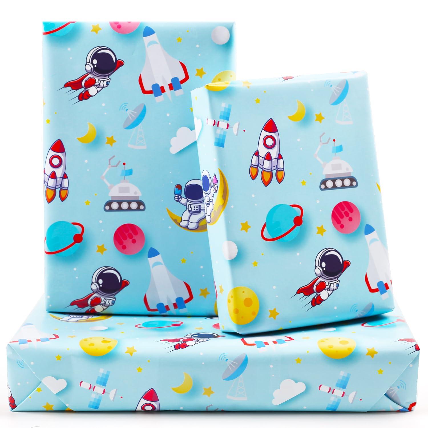 NEPOG Outer Space Wrapping Paper for Boys Girls Kids, Astronauts Rockets Moon Planets Pattern Space Galaxy Wrapping Paper 6 Sheets Folded Flat 20x28 inches per Sheet for Space Theme Birthday Baby Shower