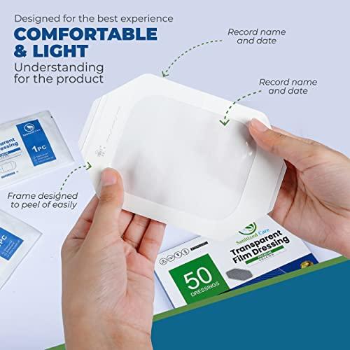 Sanitized Care Premium Transparent Film Dressing, 4\" x 4.75\" Pack of 50 Waterproof Wound Bandage for Post Surgical Shower or IV Shield, Clear Tattoo Aftercare Bandage & Adhesive Patches