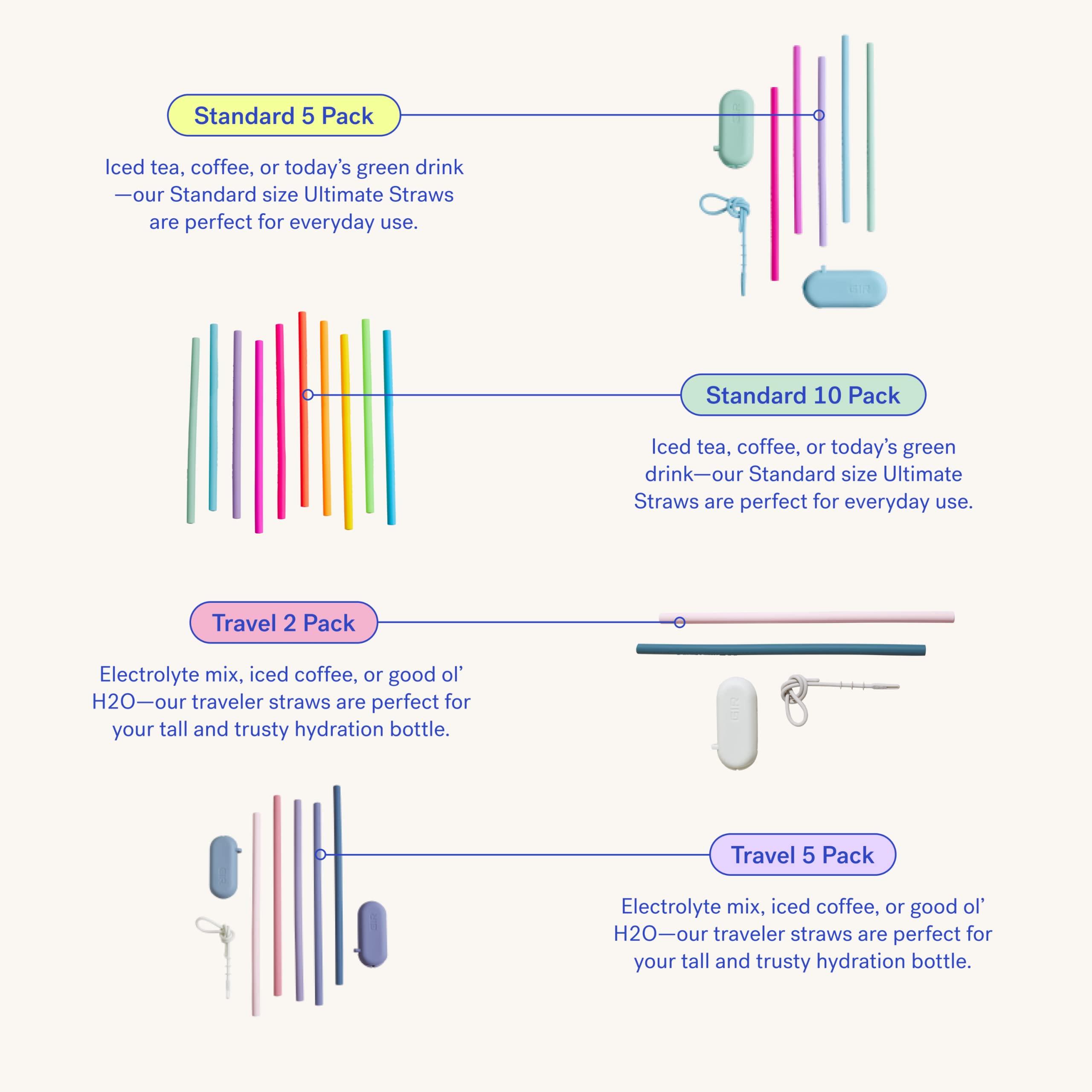 GIR GIR: Get It Right Reusable Silicone Straws with Travel Case and Clean Wand, Eco-Friendly Drinking Straws for Hot and Cold Beverages, 5-Pack (Mist)
