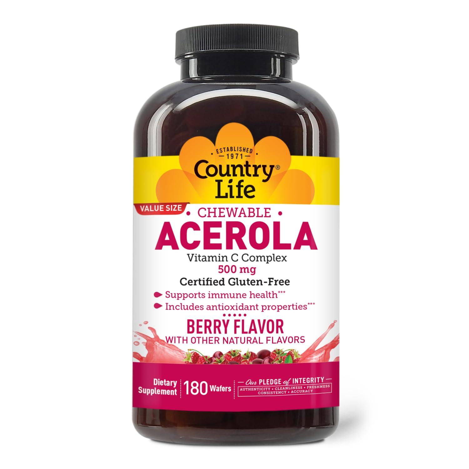 Country Life Country Life Acerola Vitamin C Complex, 500mg, Chewable Berry Flavored Wafers, Supports Immune Health, 180 Wafers, Certified Gluten Free by GFCO, Certified Vegan by AVA